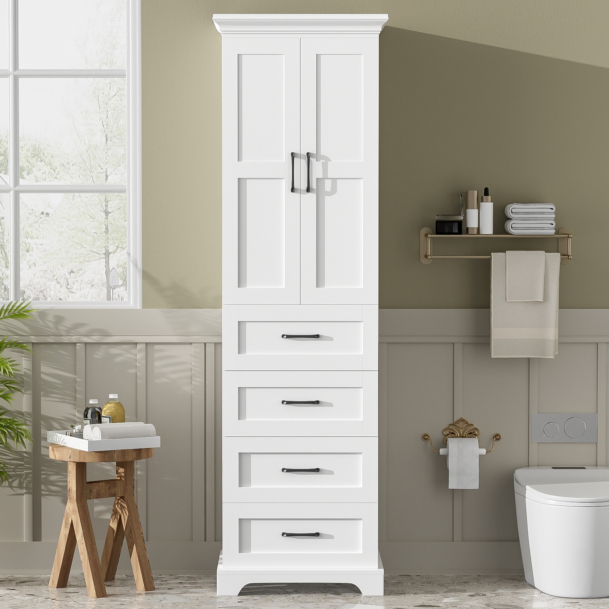 LIVACA 72 inch White Painted PB Laminate and MDF Construction Free-Standing Bathroom Vanity with 2 Damping-Hinge Doors and 3 Drawers