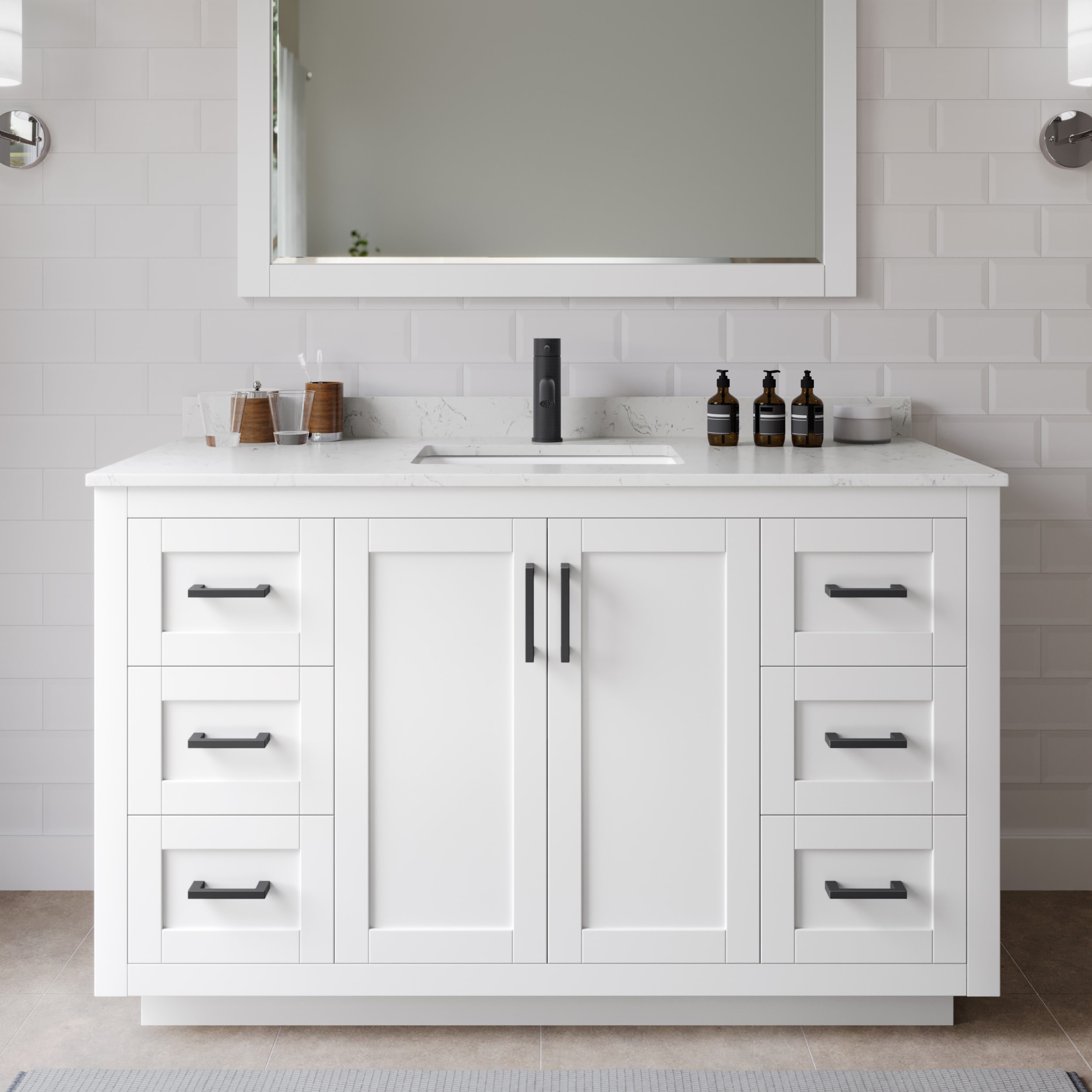 Wyndham Collection WCF292954SWBC2UNSM46 Miranda 54-in White with Matte Black Trim Undermount Single sink Bathroom Vanity with Carrara Cultured Marble Cultured marble Top (Mirror Included)