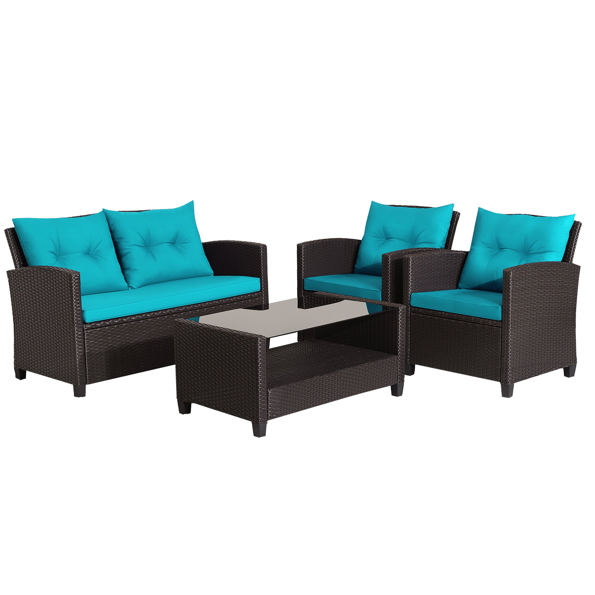 WELLFOR OUJ66742TU+ CW 4 PCS Conversation Set 4 -Piece Rattan Patio Conversation Set with Blue Cushions
