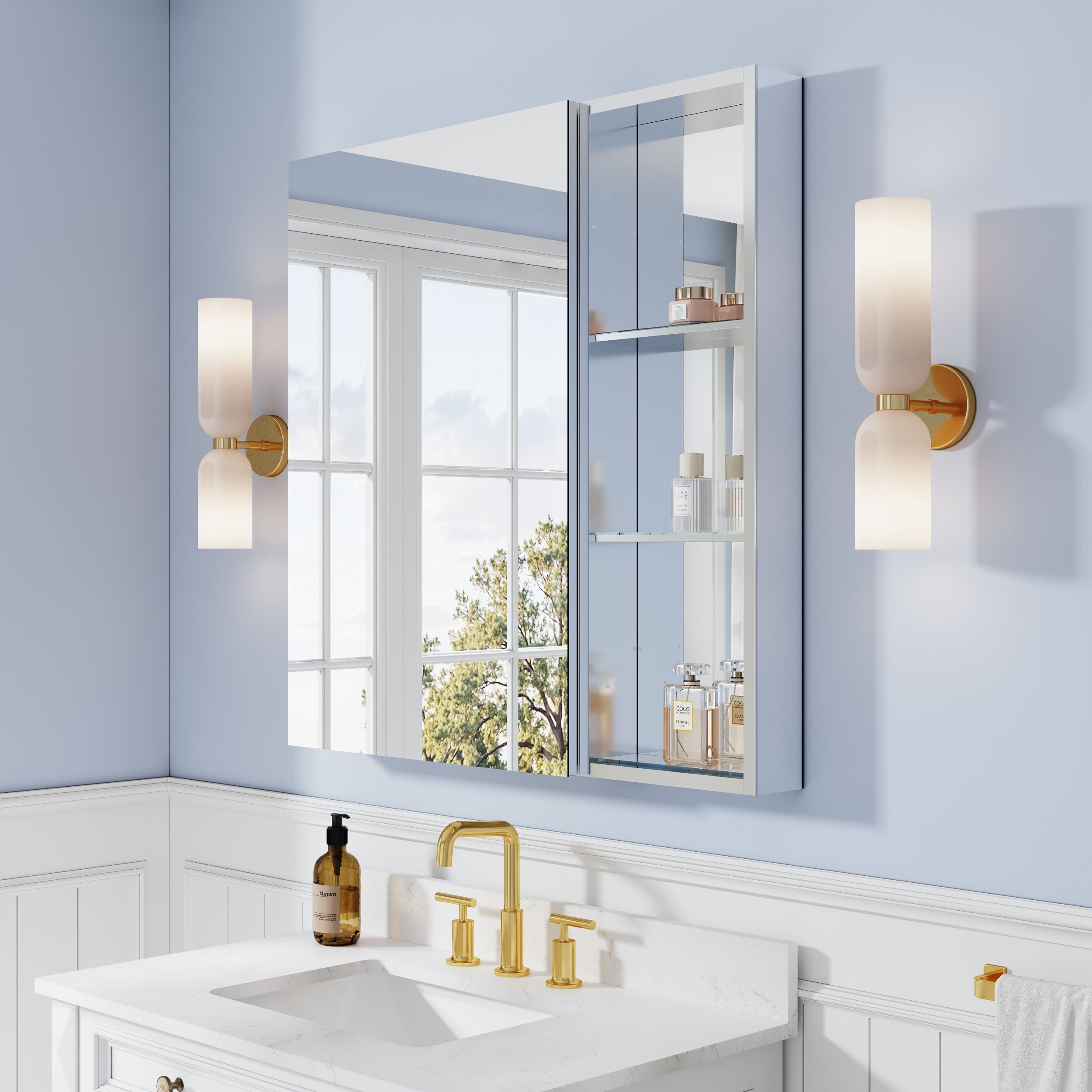 WELLFOR RSY Combo Bathroom Cabinets 36-in x 36-in Surface/Recessed Mount Aluminum Mirrored Square Soft Close Medicine Cabinet