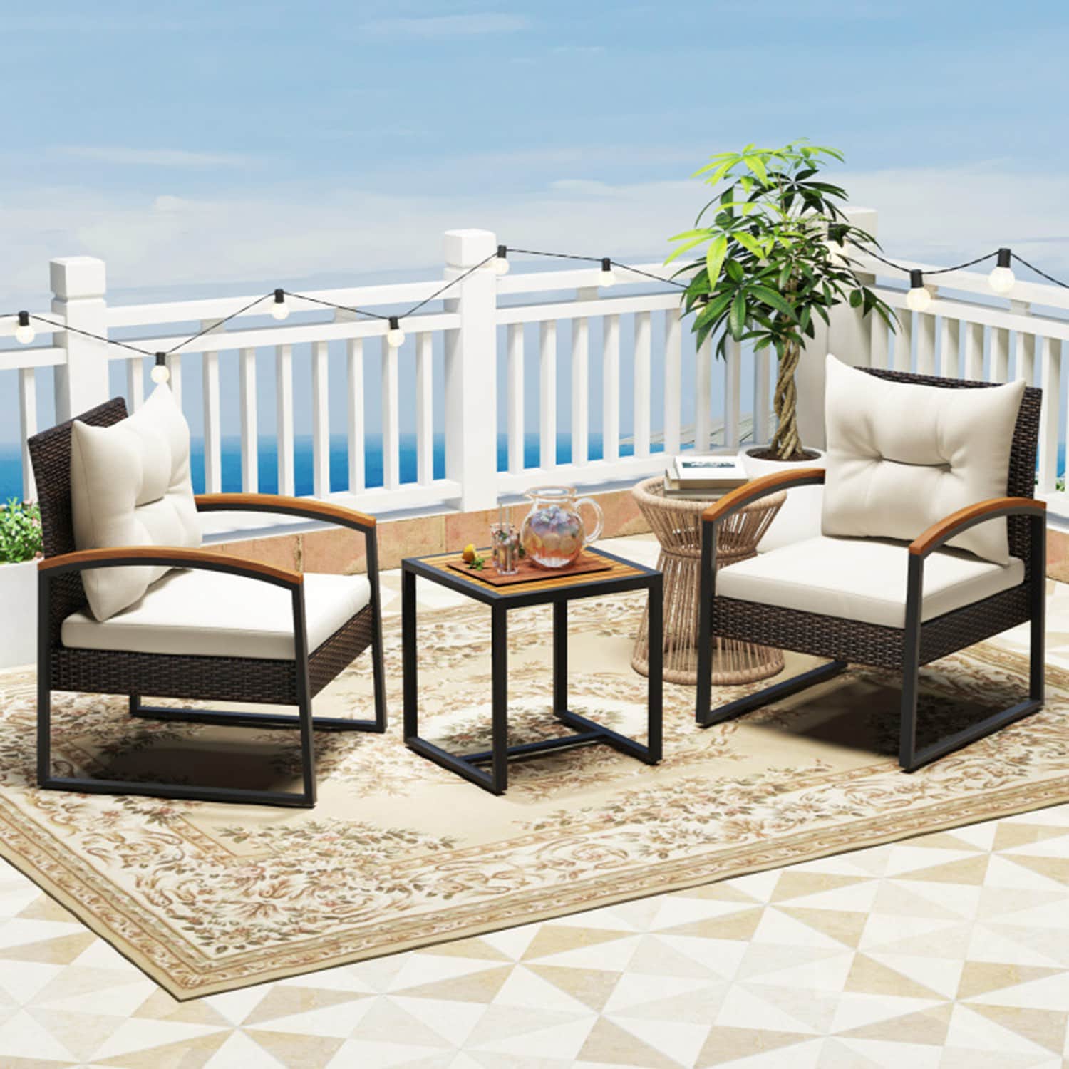 Mondawe OR-30136-DS 3 -Piece Rattan Patio Conversation Set with White Cushions
