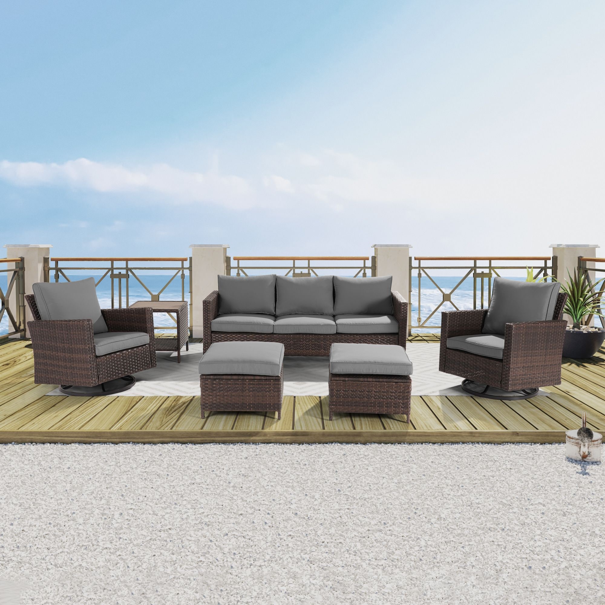 ACEGOSES LW-S1-2RHOG-T3 6 -Piece Wicker Patio Sofa Conversation Set with Gray Cushions