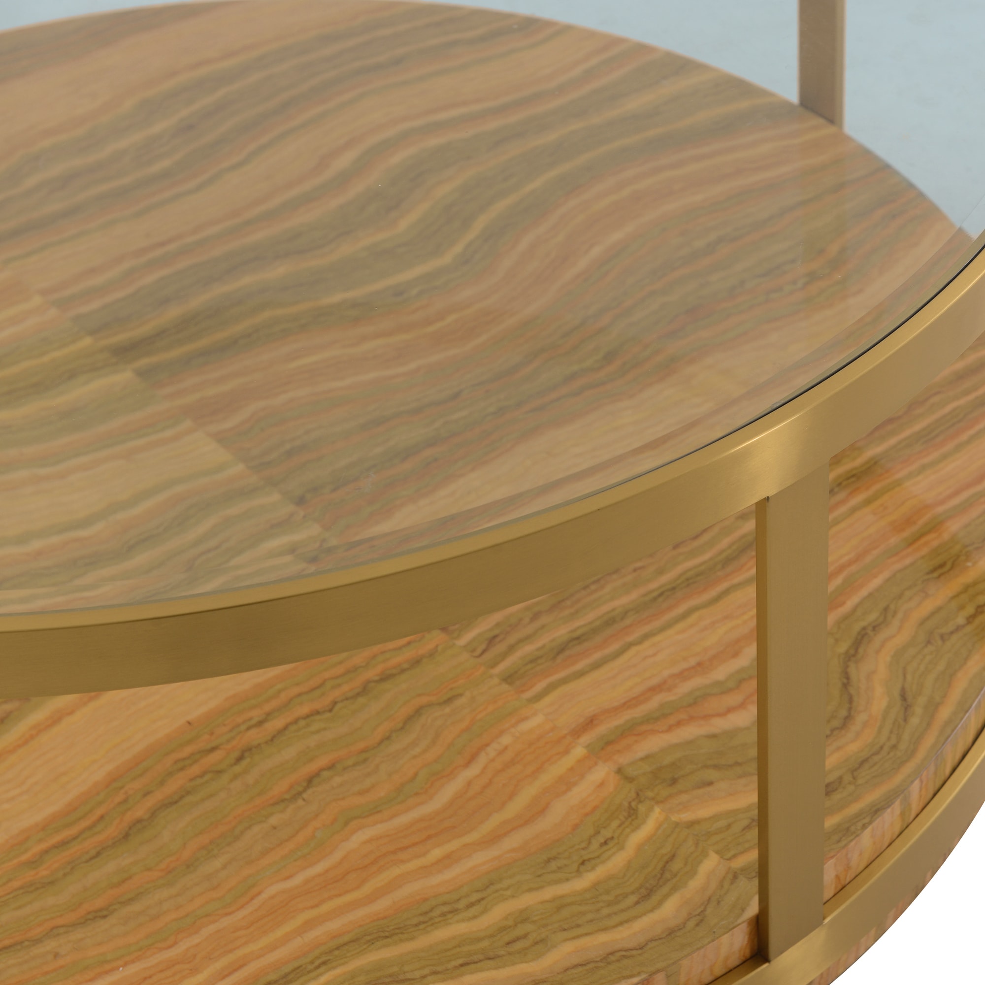 Hattie 43" Round Glass and Wood Coffee Table with Gold Storage Shelf