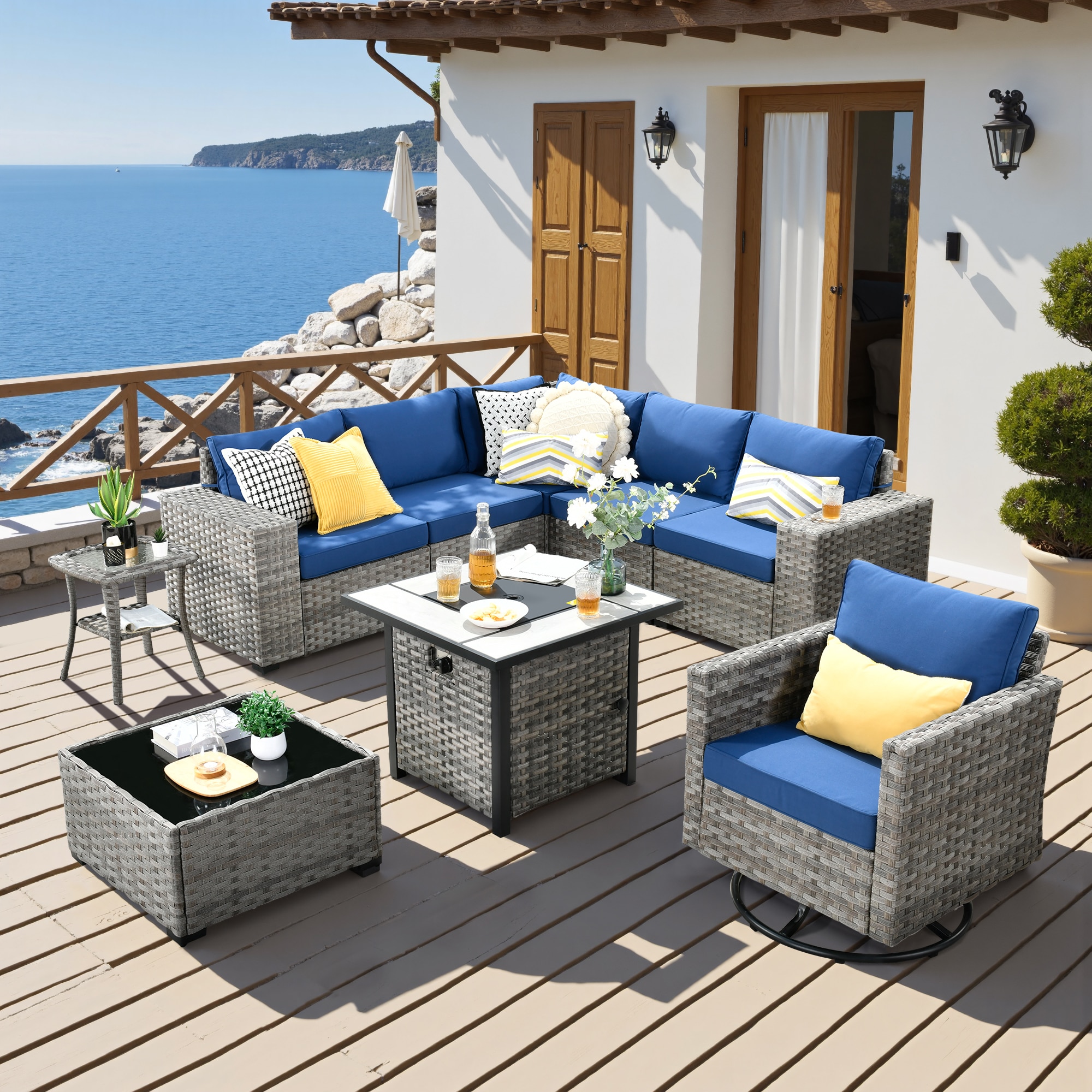 Pouuin SSFPBBR707 5 -Piece Wicker Patio Sofa Conversation Set with Navy Cushions