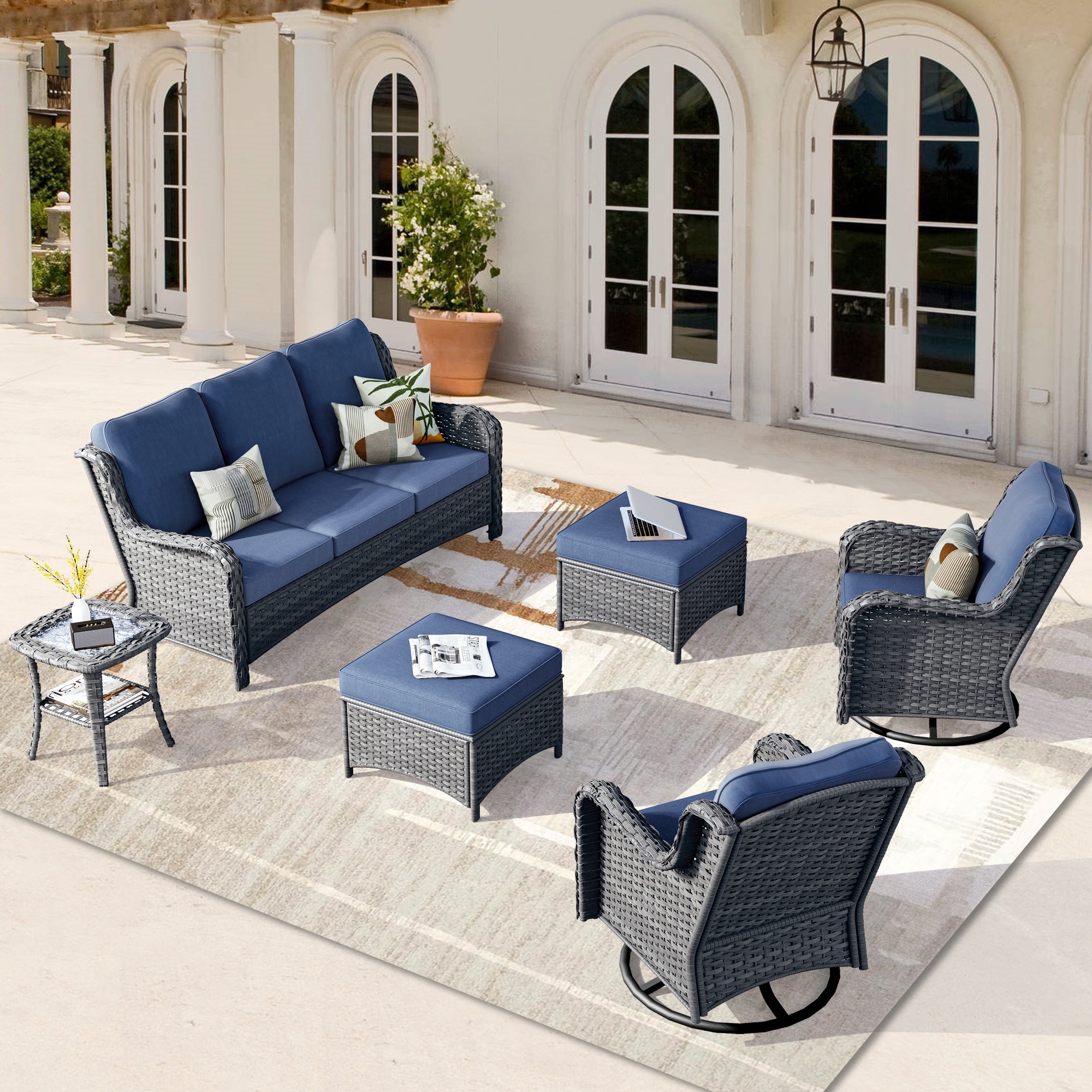 XIZZI GXCTRC3163 Vesta 6 -Piece Wicker Patio Sofa Conversation Set with Blue Cushions