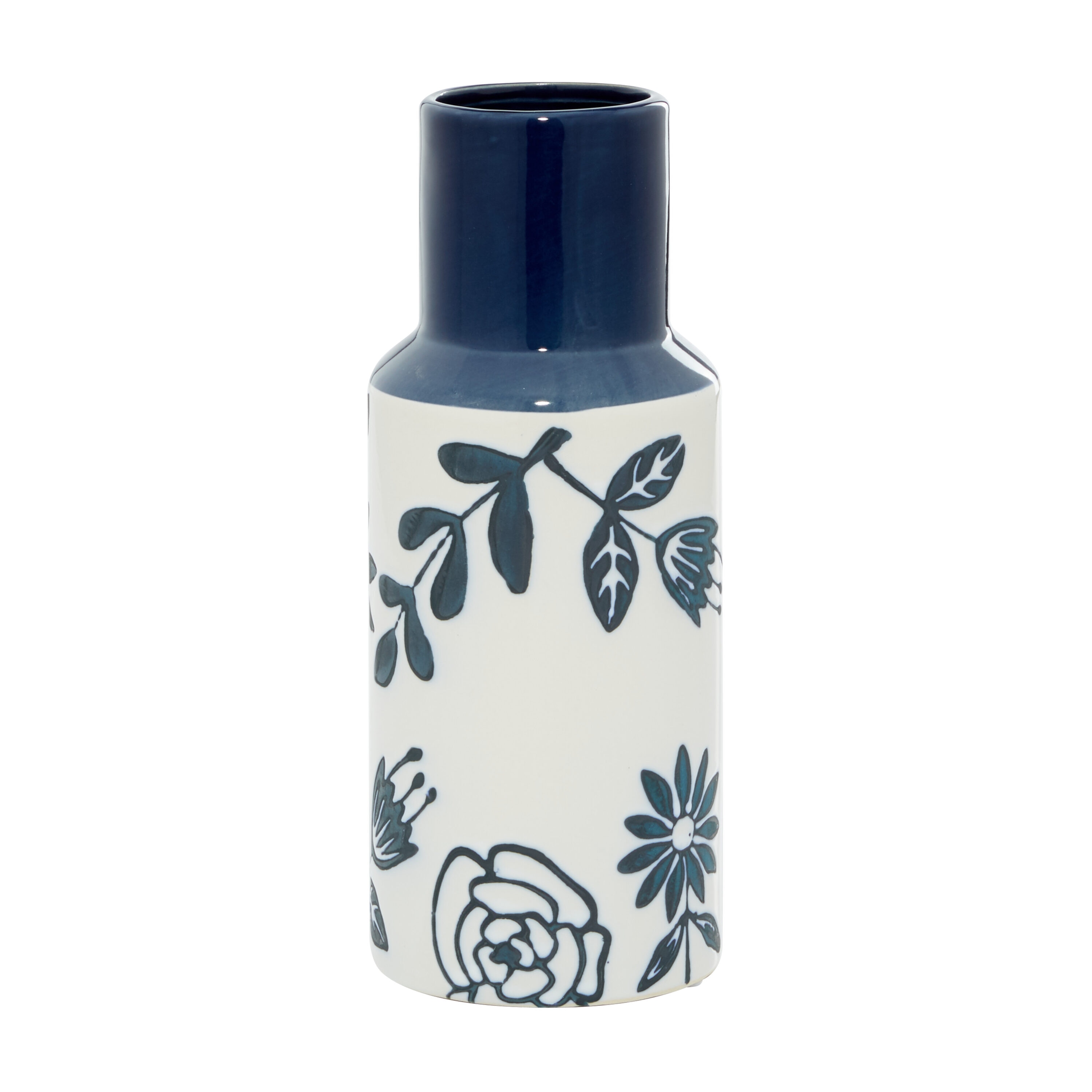 Modern French Country 12" Navy Blue and White Ceramic Table Vase