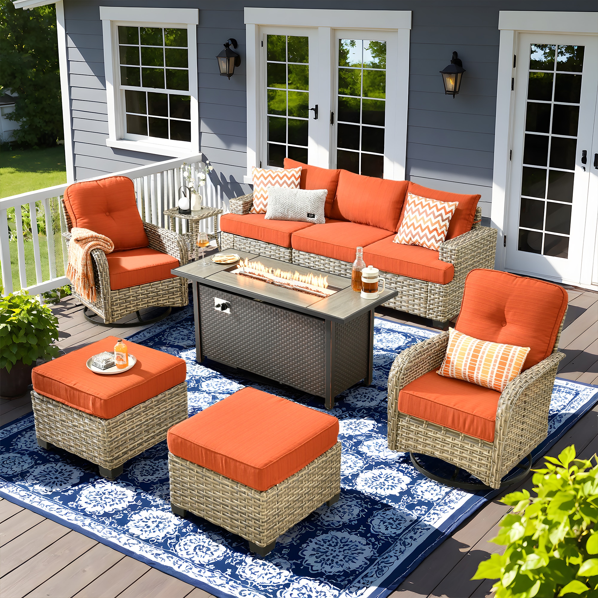 Pouuin SDFPVYZBS806 7-Piece Wicker Patio Sofa Conversation Set with Orange Cushions