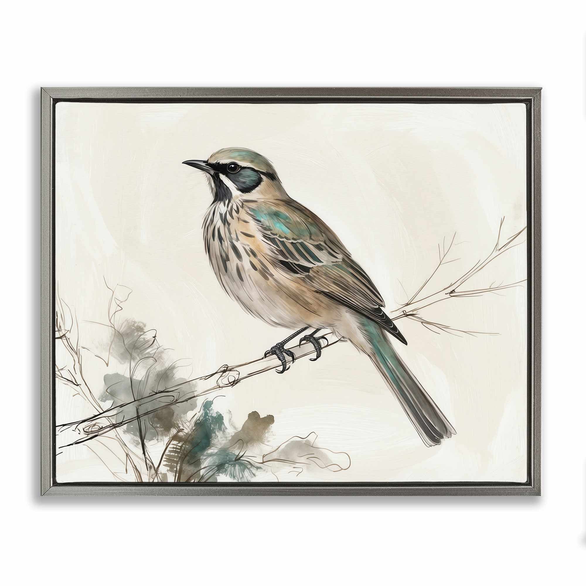 Stupell Industries BT-780-FFL-24X30 Perched Bird Illustration Gray Framed Floater Canvas Wall Art By LSR Creative Studio 31 x 25