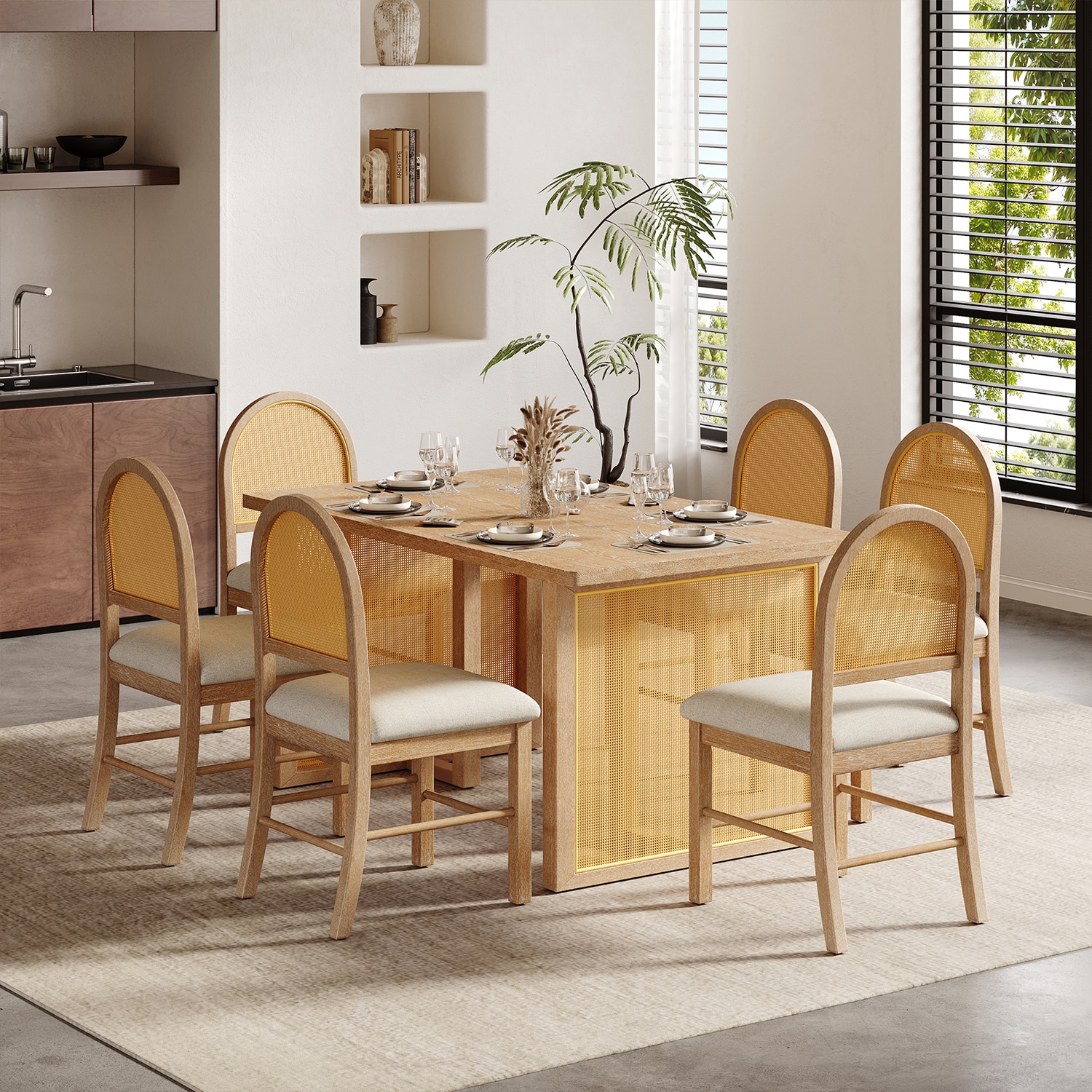 GZMR GT-TR39AAE 7-Piece Dining Table Set Natural+Beige Casual Dining Room Set with Rectangular Table ( Seats 6 )