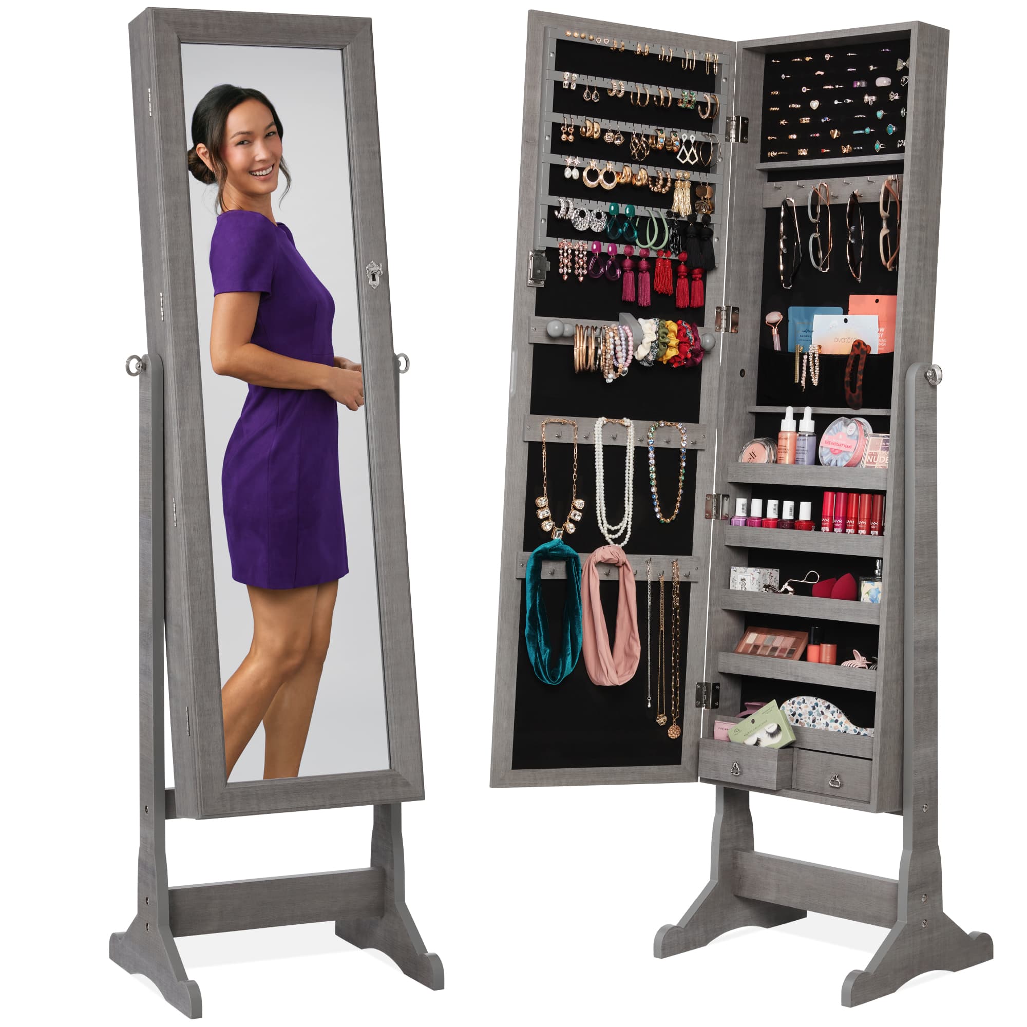 Best Choice Products  Jewelry Armoire Cabinet Full Length Mirror w/ Velvet Storage Interior Lock - Gray Oak