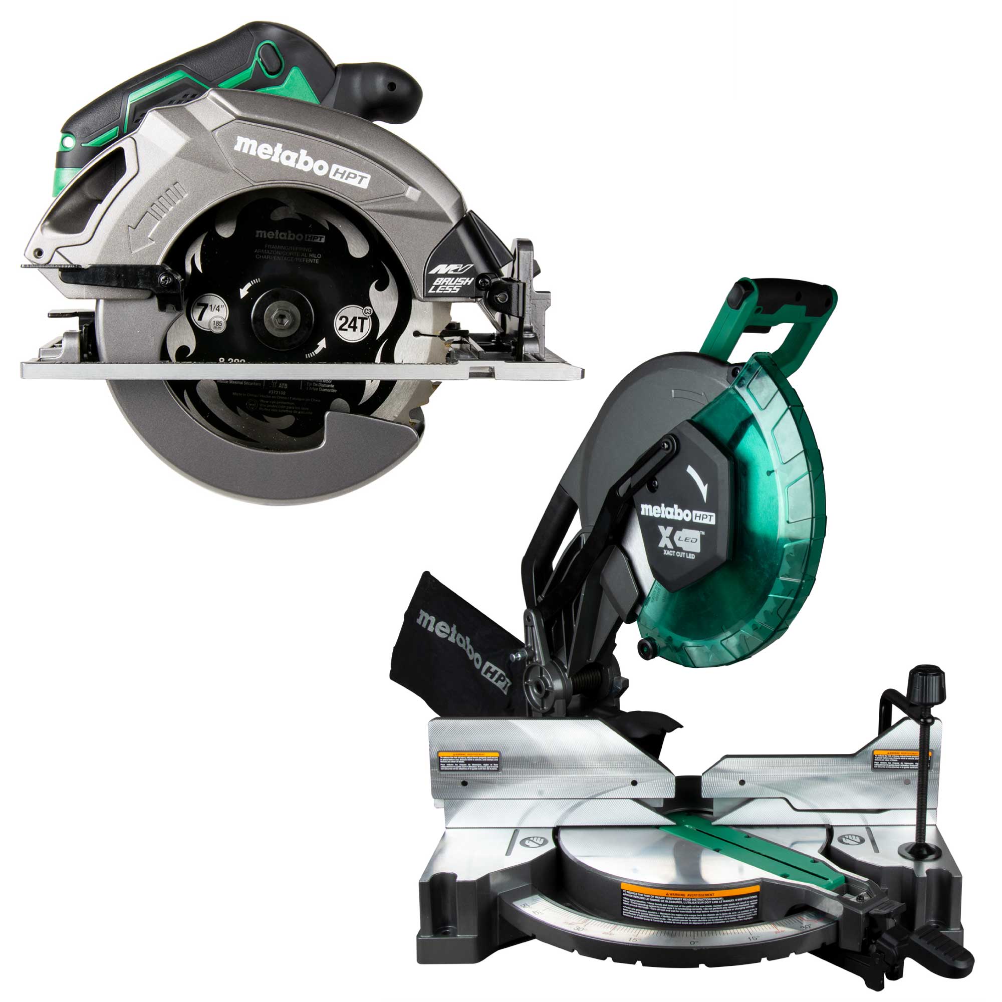 Metabo HPT MultiVolt 36-Volt 7-1/4-in Brushless Circular Saw with 12-in 15 Amps Dual Bevel Compound Corded Miter Saw