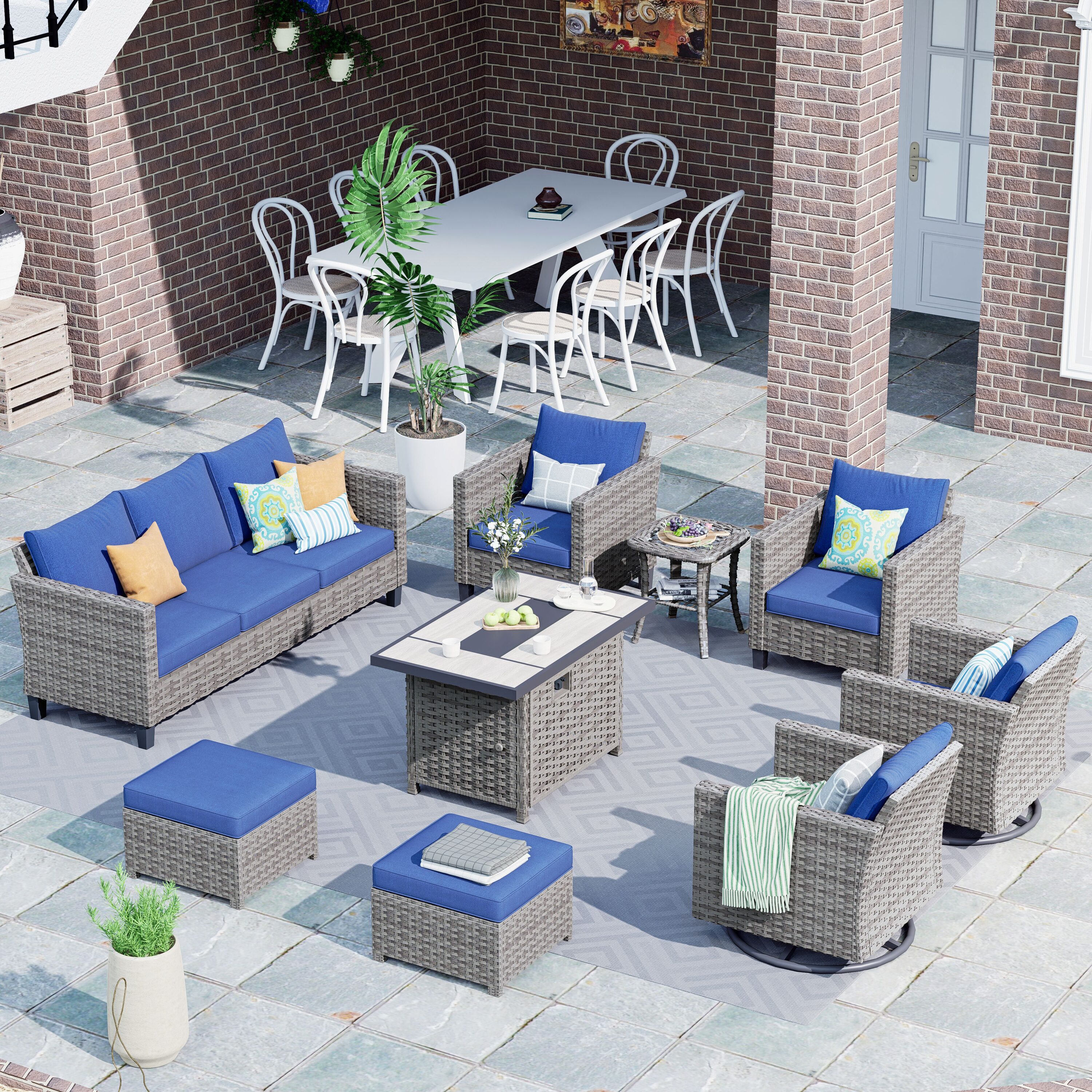 Pouuin SRFPYZGRS309 9 -Piece Wicker Patio Sofa Conversation Set with Blue Cushions