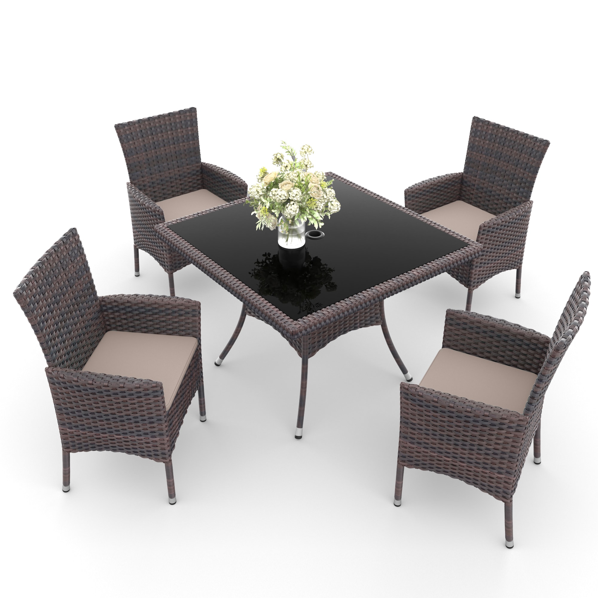 ALAULM LS-DT5-SAND 5 -Piece Brown Rattan Patio Dining Set Extendable Table Rattan Rectangle Table with 4 Yellow Cushions Stationary Chairs