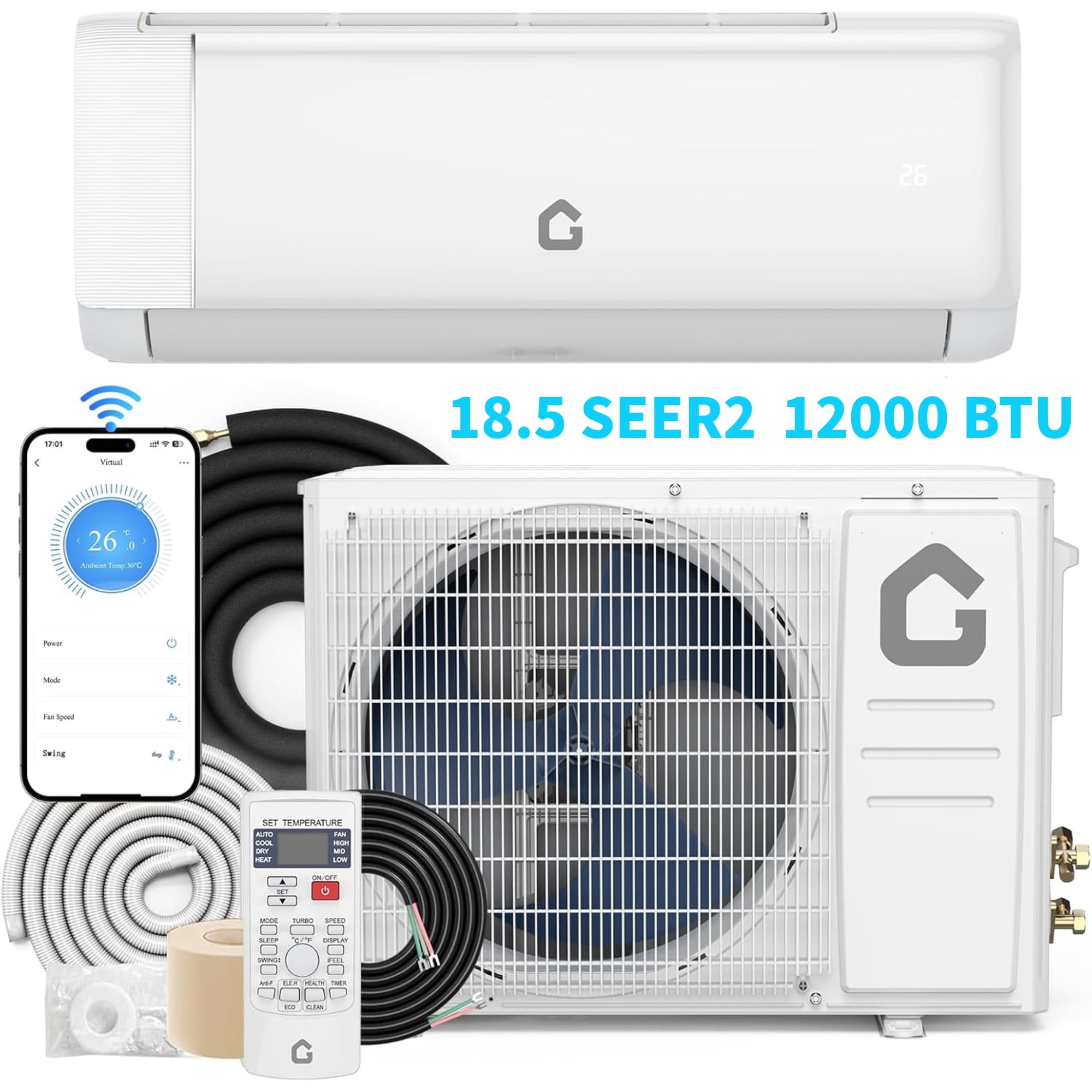 GAOMON 12000 BTU WiFi Mini Split Air Conditioner Heat Pump 18.5 SEER2 Inverter Ductless AC Cools Up to 750 Sq Ft 208-230V White Wall Mounted