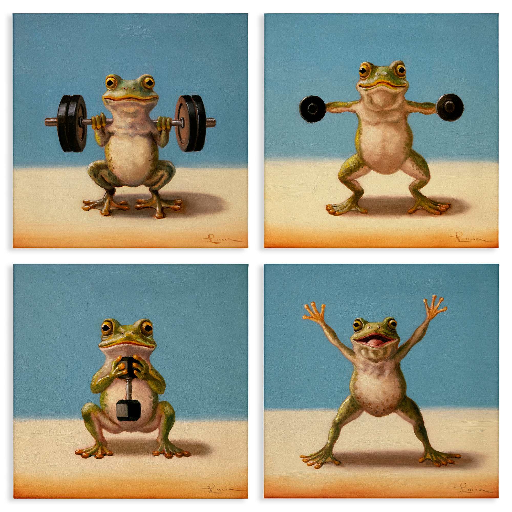 Stupell Industries A4-265-CN-4PC-17X17 Weightlifting Frogs Various Workouts 4pc Canvas Set design by Lucia Heffernan