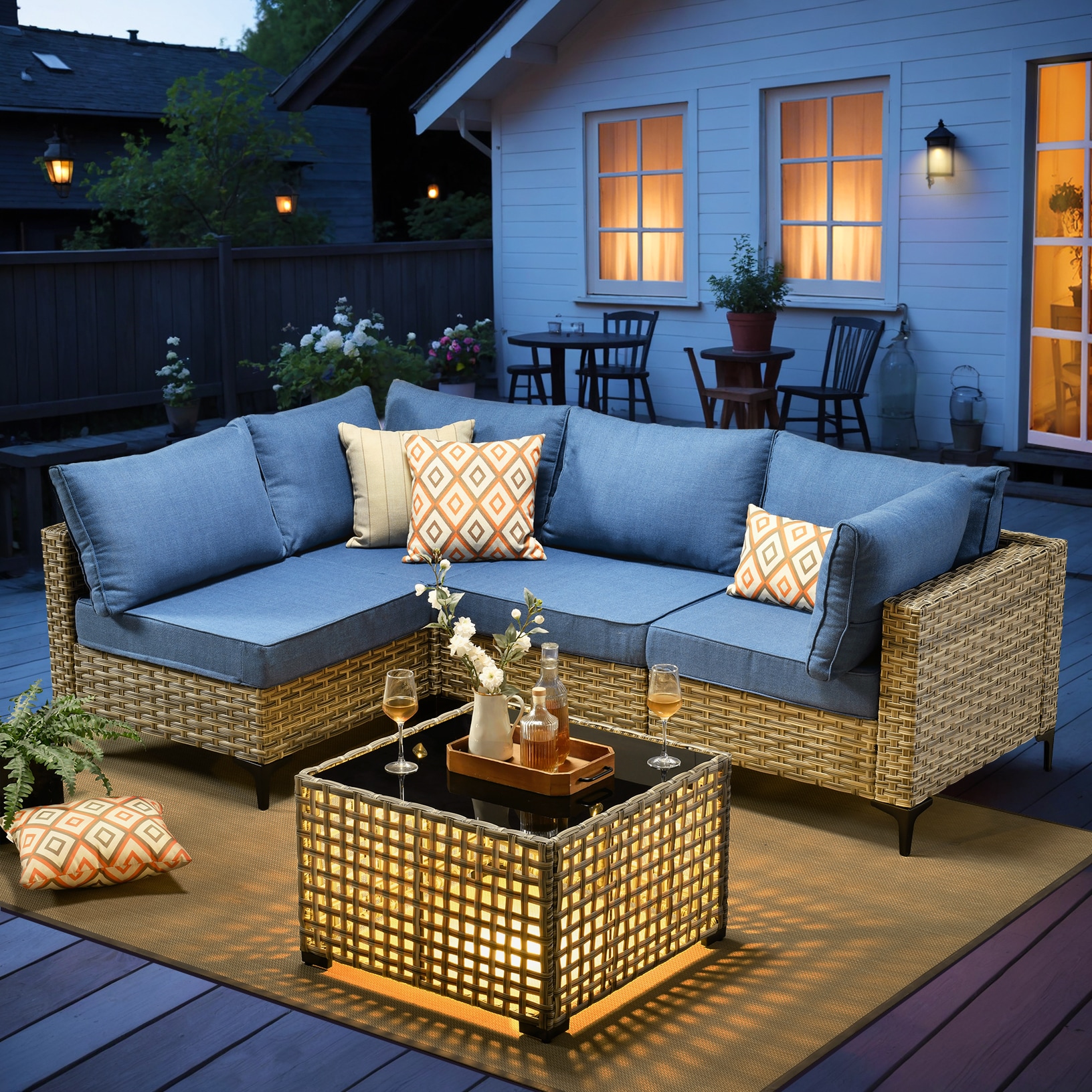 Caodoc L5-SKT505-1 SKT Rattan Outdoor Sectional with Blue Cushions and Wicker Frame