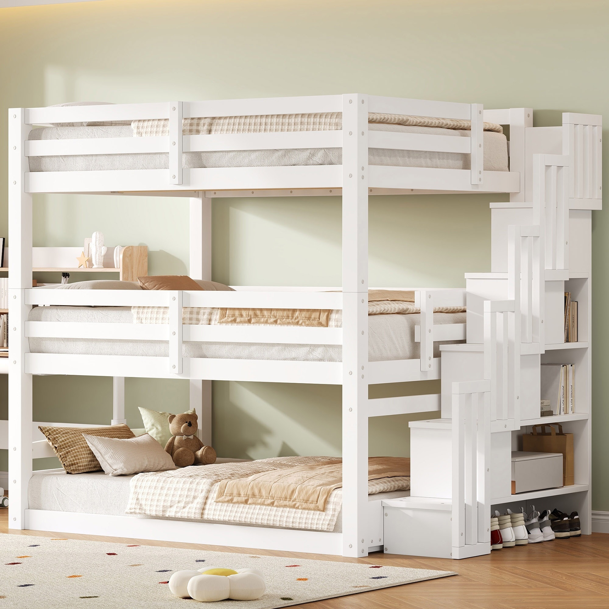 Horizons Prime 95 inch x 59 inch x 78 inch White Pine and MDF Triple Bunk Bed with Separate Design and Storage Staircase