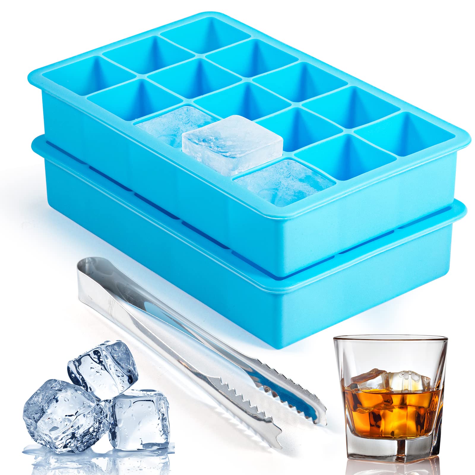 Anqtovp 2 pack silicone ice cube trays easy release flexible molds make 15 large square cubes reusable BPA free for freezer whiskey cocktail #LAN0616N028