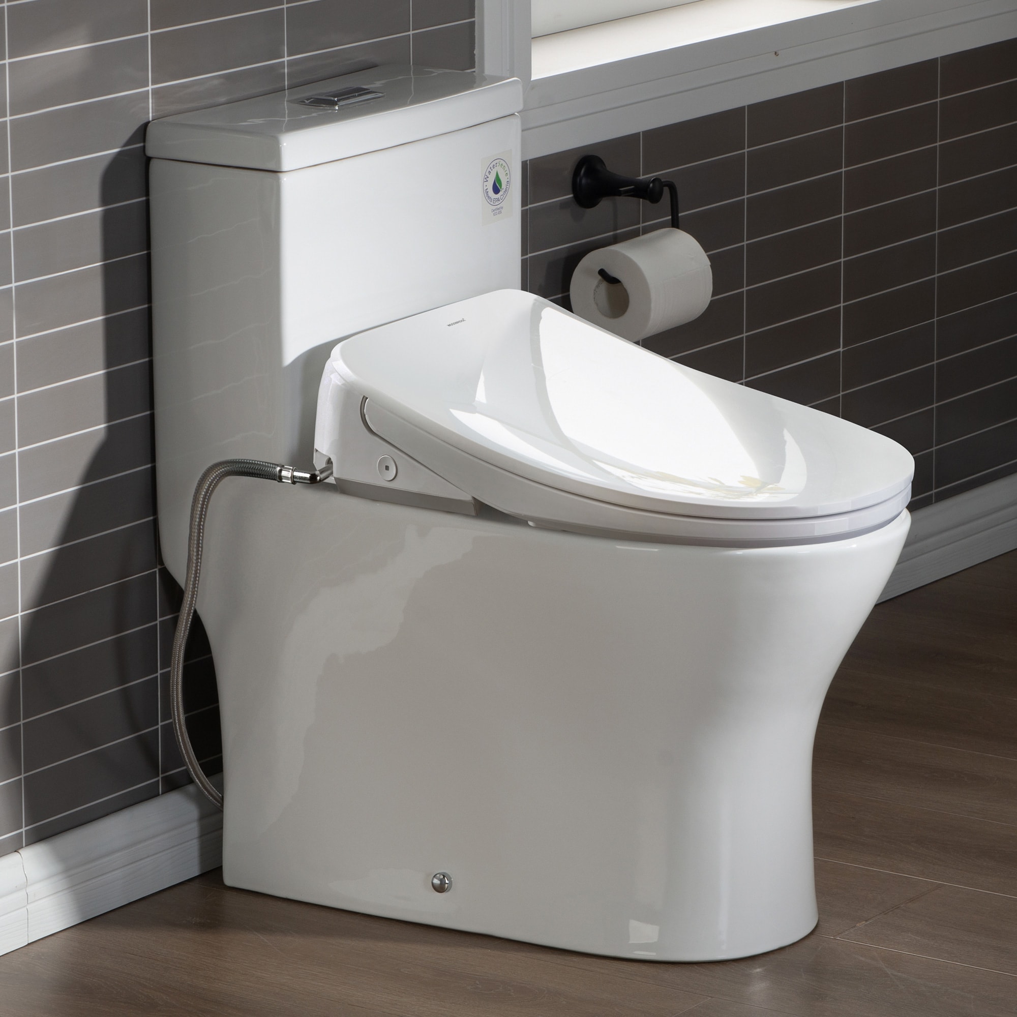 Woodbridge LT639 B0750+BID03 White with Chrome Button Dual Flush Elongated Standard Height Smart Soft Close 1-piece Bidet 12-in Rough-In WaterSense Labeled 1.6 GPF