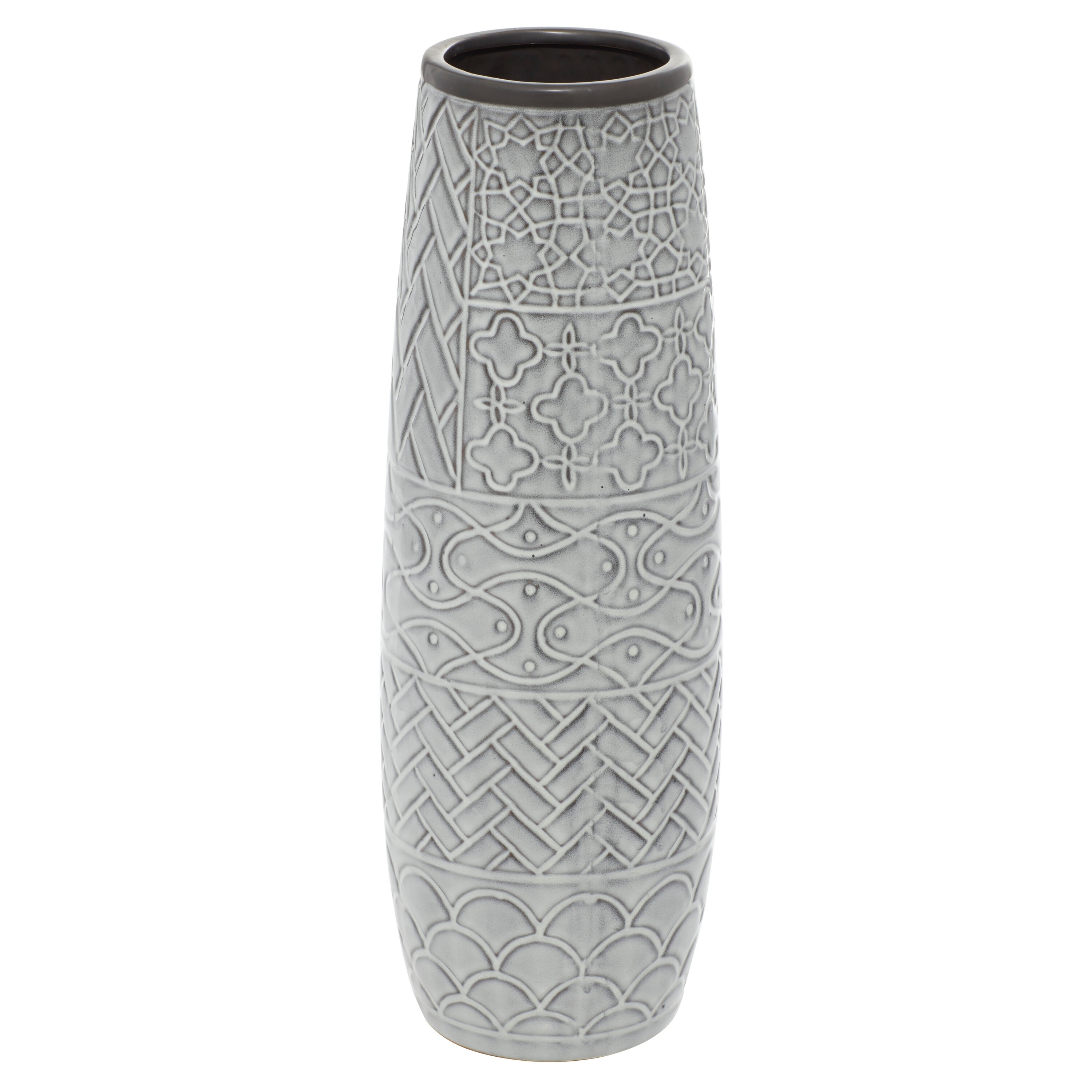 16" Gray Ceramic Floor Vase with Geometric Patterns