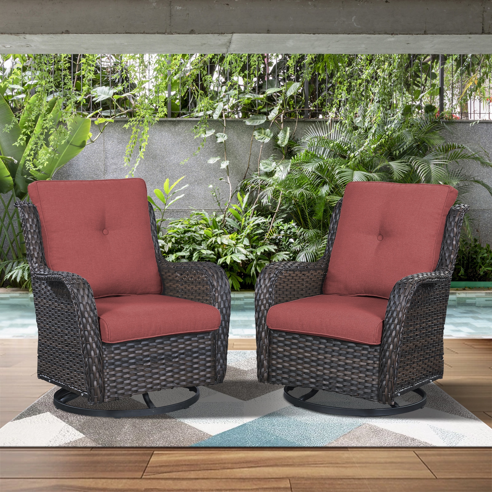  PA023-5 PACHAIRS-T Set of 2 Wicker Brown Steel Frame Swivel glider Conversation Chair with Red Cushioned Seat