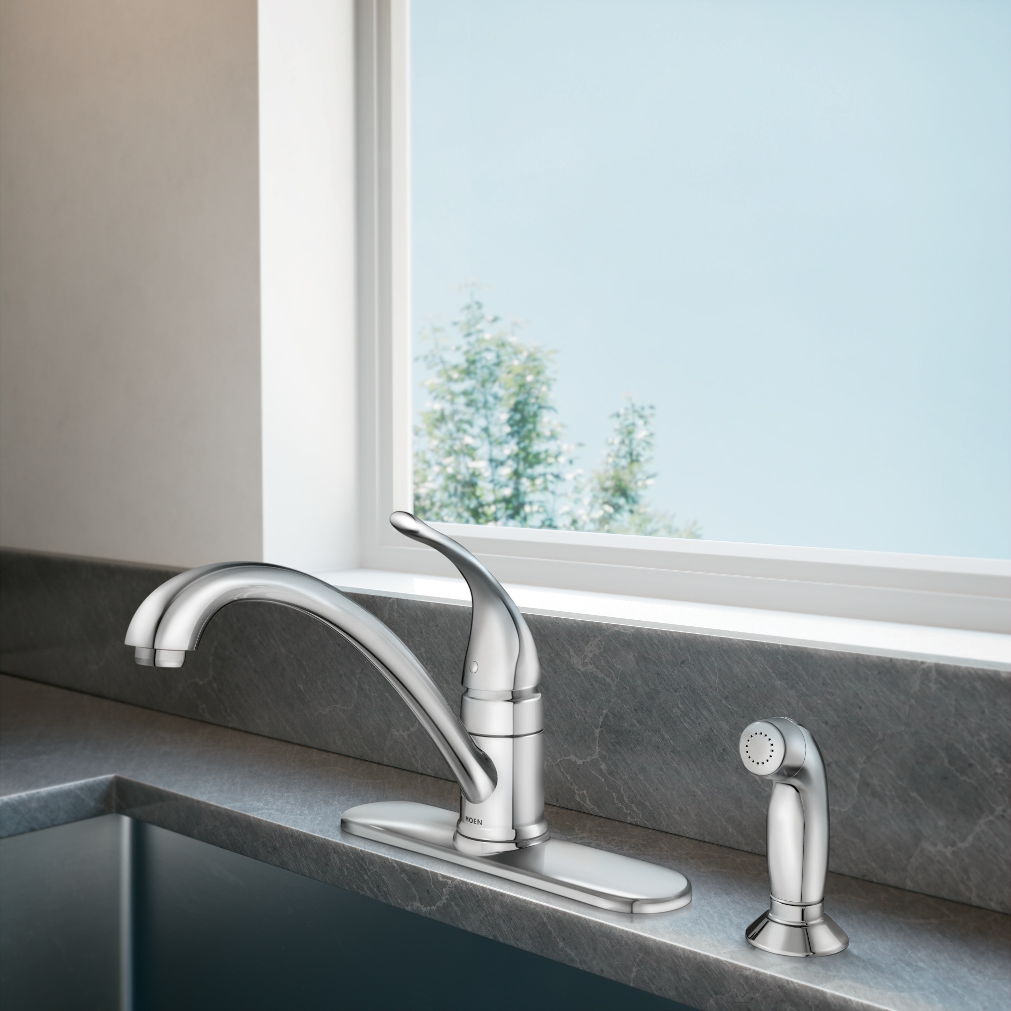 Moen CA87480 Torrance Chrome Single Handle Deck-mount Kitchen Faucet with Sprayer ( Deck Plate Included ) ( Side Sprayer Included )