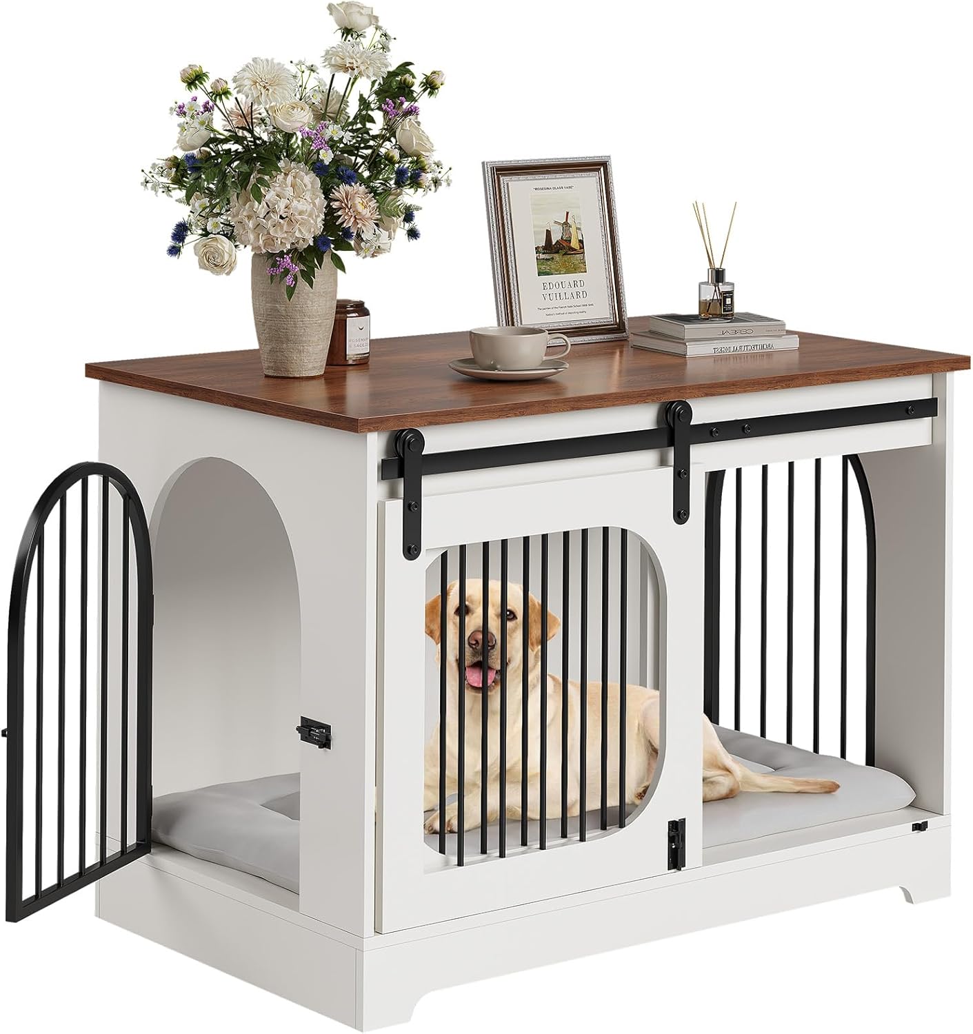 Qeetex LHF-GLG-W6I202 39.4 Inch Dog Crate Furniture Dog Kennel for Dogs Up to 70 Lb with Bed Mat Heavy-Duty Dog Cage End Table Three Doors Dog House White/Brown