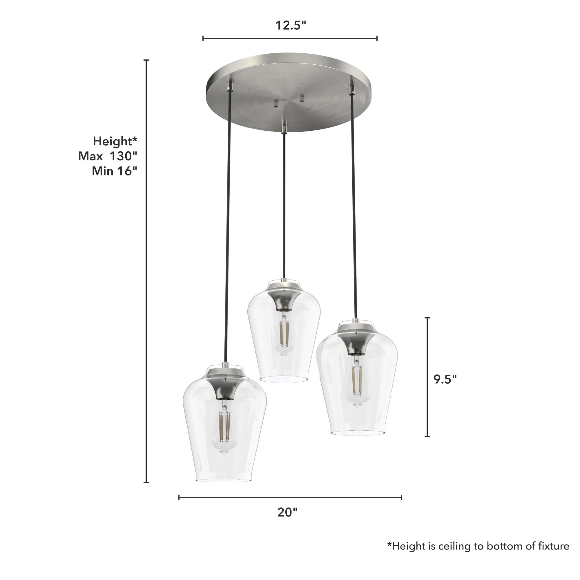 Hunter Vidria Brushed Nickel 3-Light Cluster Pendant Fixture