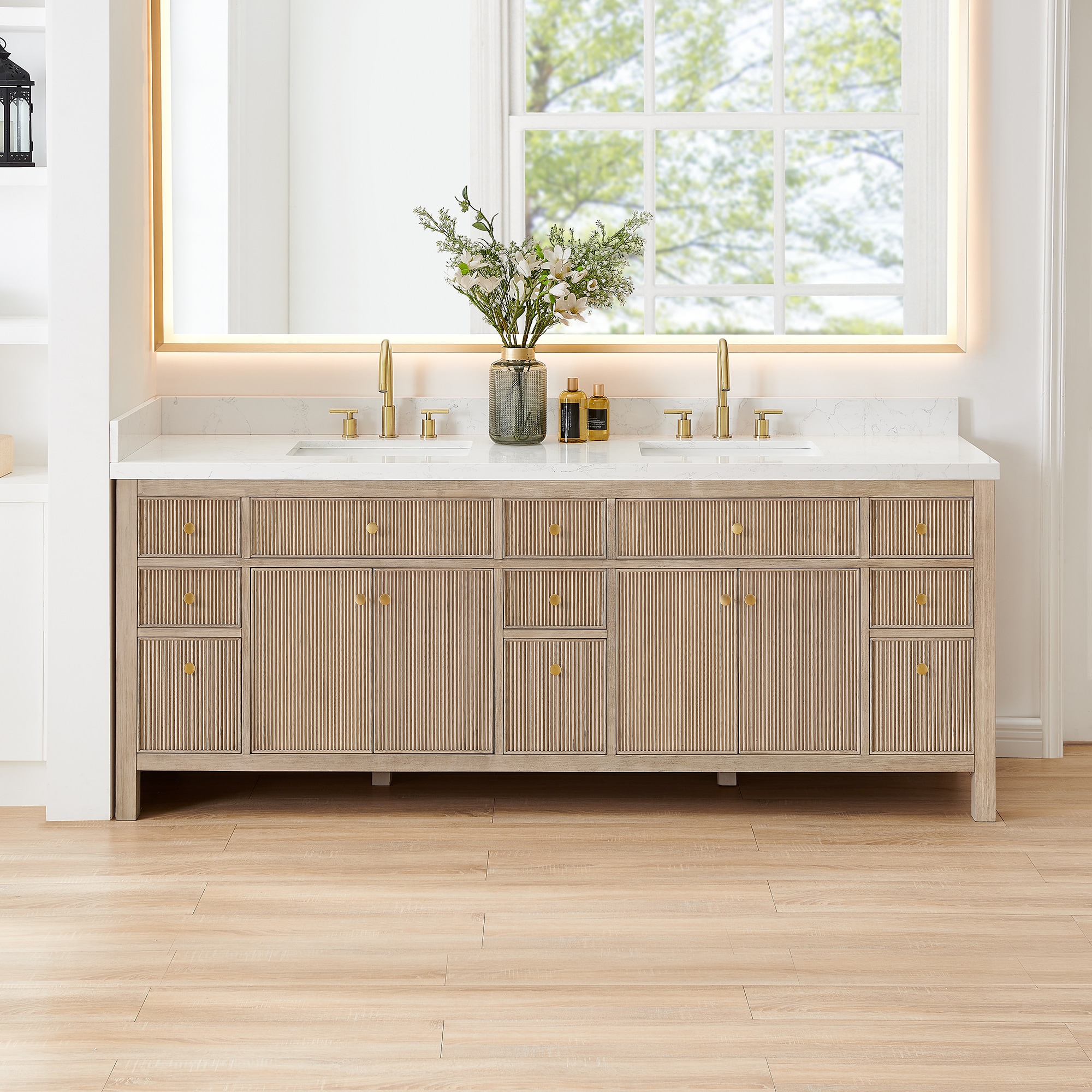 Altair 567084-NK-GW-NM Cerrito 84-in Natural Oak Undermount Double Sink Bathroom Vanity with Grain White Engineered Stone Top