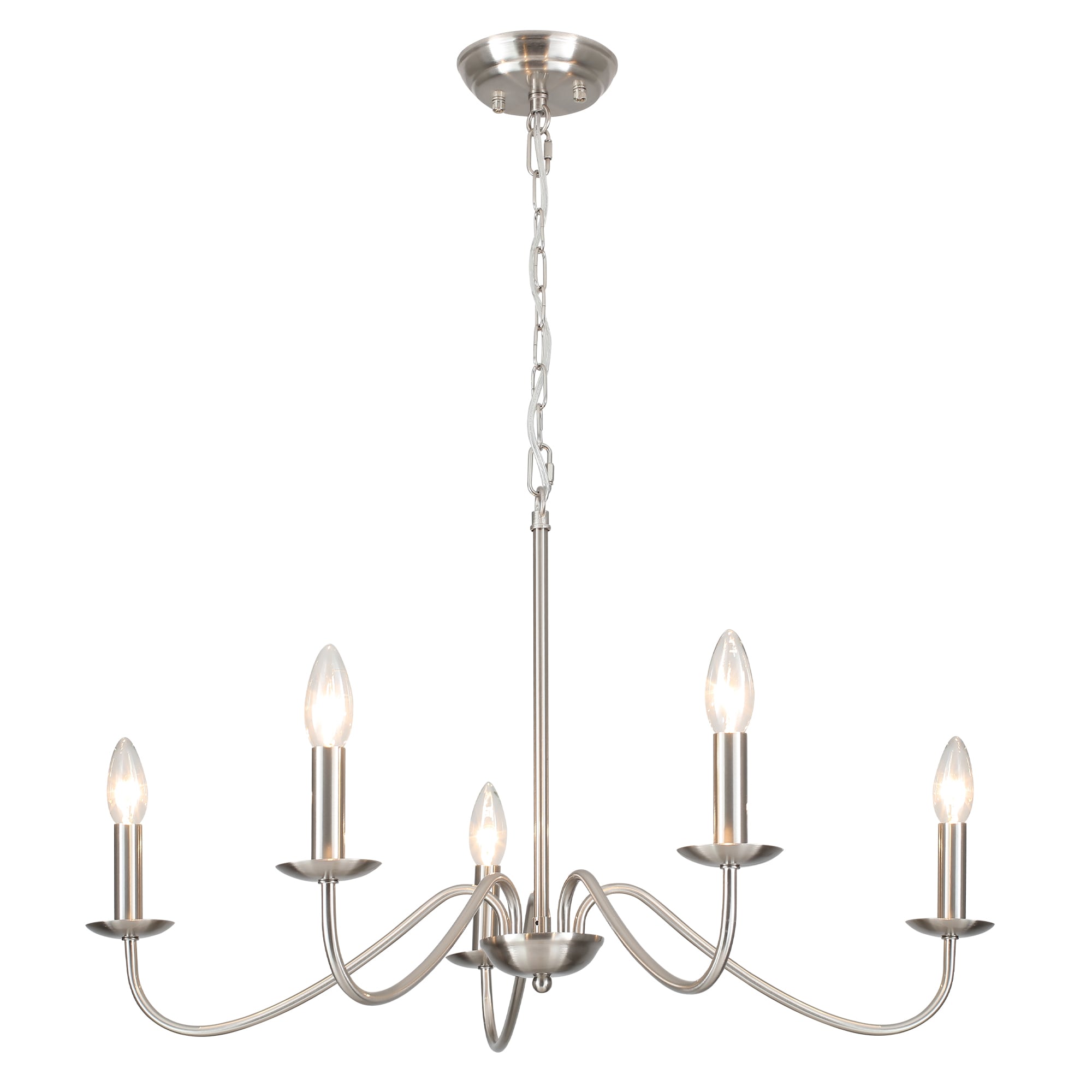 Zjvaive 5-Light 27.55inch Nickel Candle Chandelier Adjustable 19.68-78.74 inch Chain E12 Socket Max 60W Farmhouse Ceiling Light Fixture Bulbs Not Included for Living Room Dining Room Kitchen Bedroom #LS1-2-D0131-5-SN