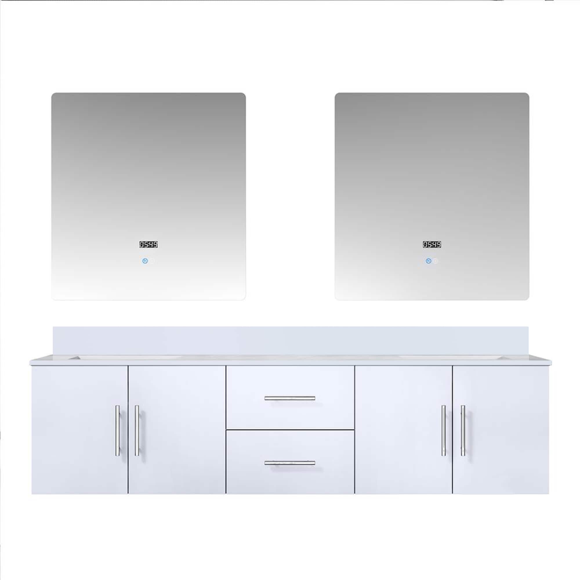 Lexora LVG72DM210 Geneva 72-in Glossy White Undermount Double Sink Floating Bathroom Vanity with White Quartz Top (Mirror Included)