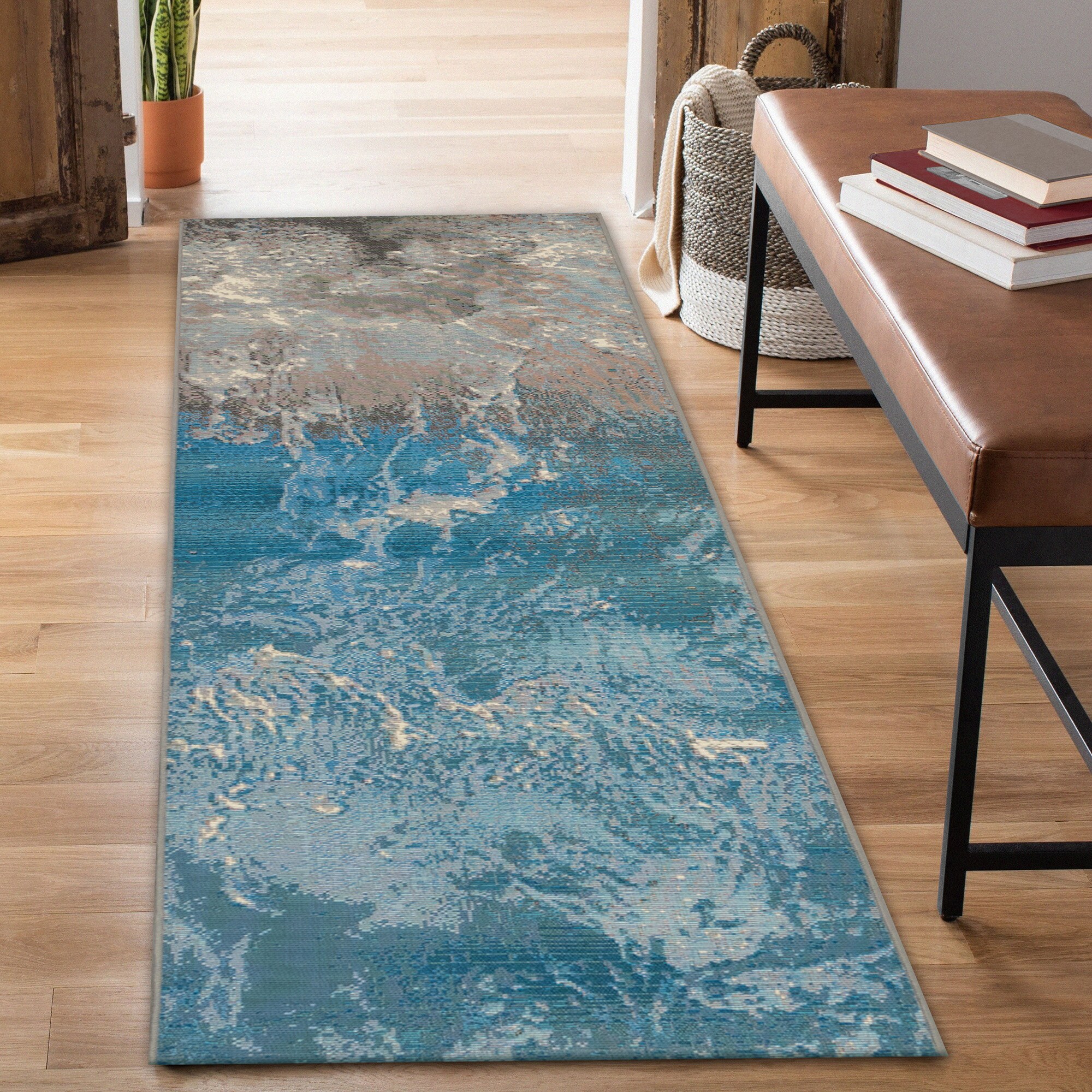 Gray and Blue Abstract Flat Woven Synthetic Runner Rug