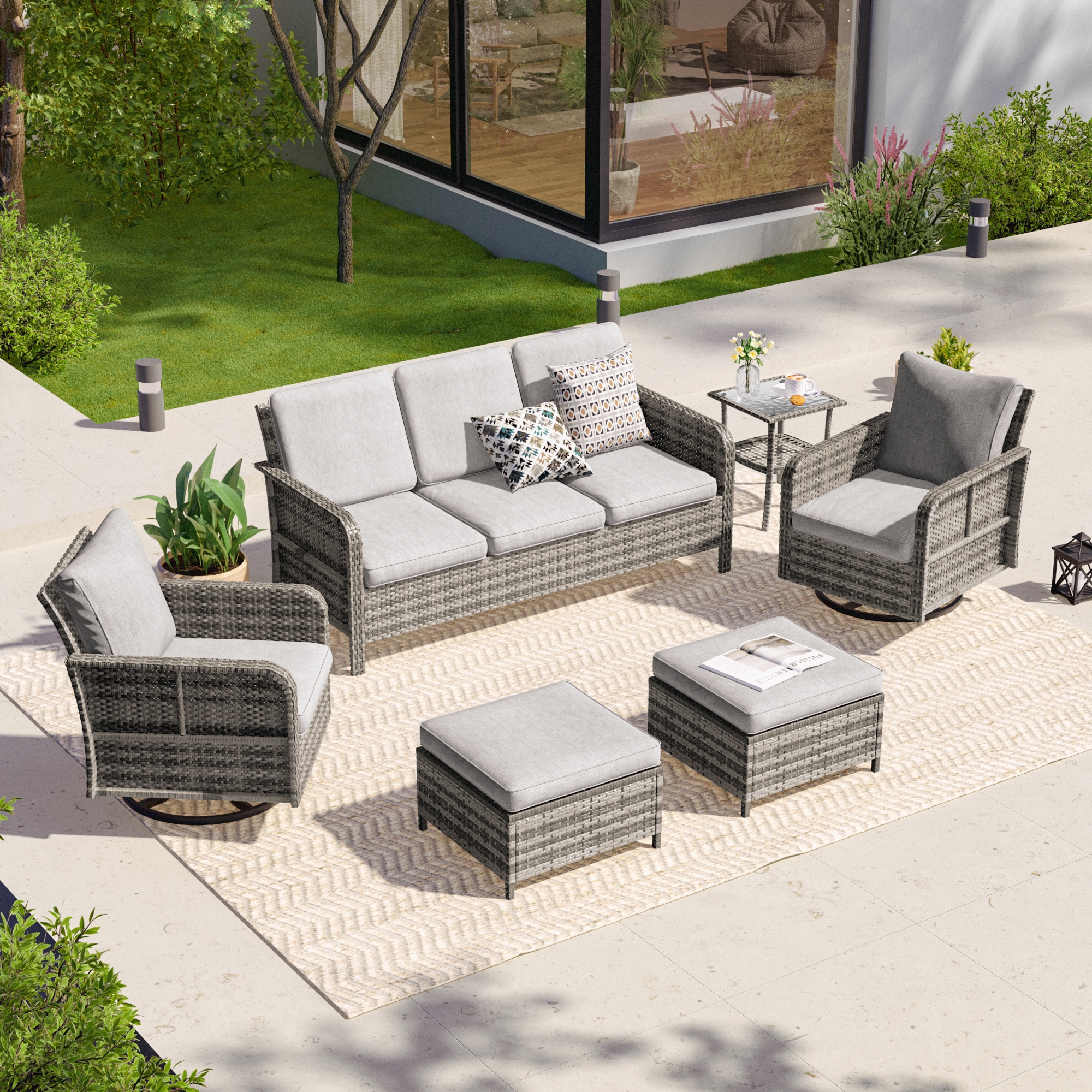 ACEGOSES LW-2R155HLY-T2 Skytop 6 -Piece Wicker Patio Sofa Conversation Set with Gray Cushions