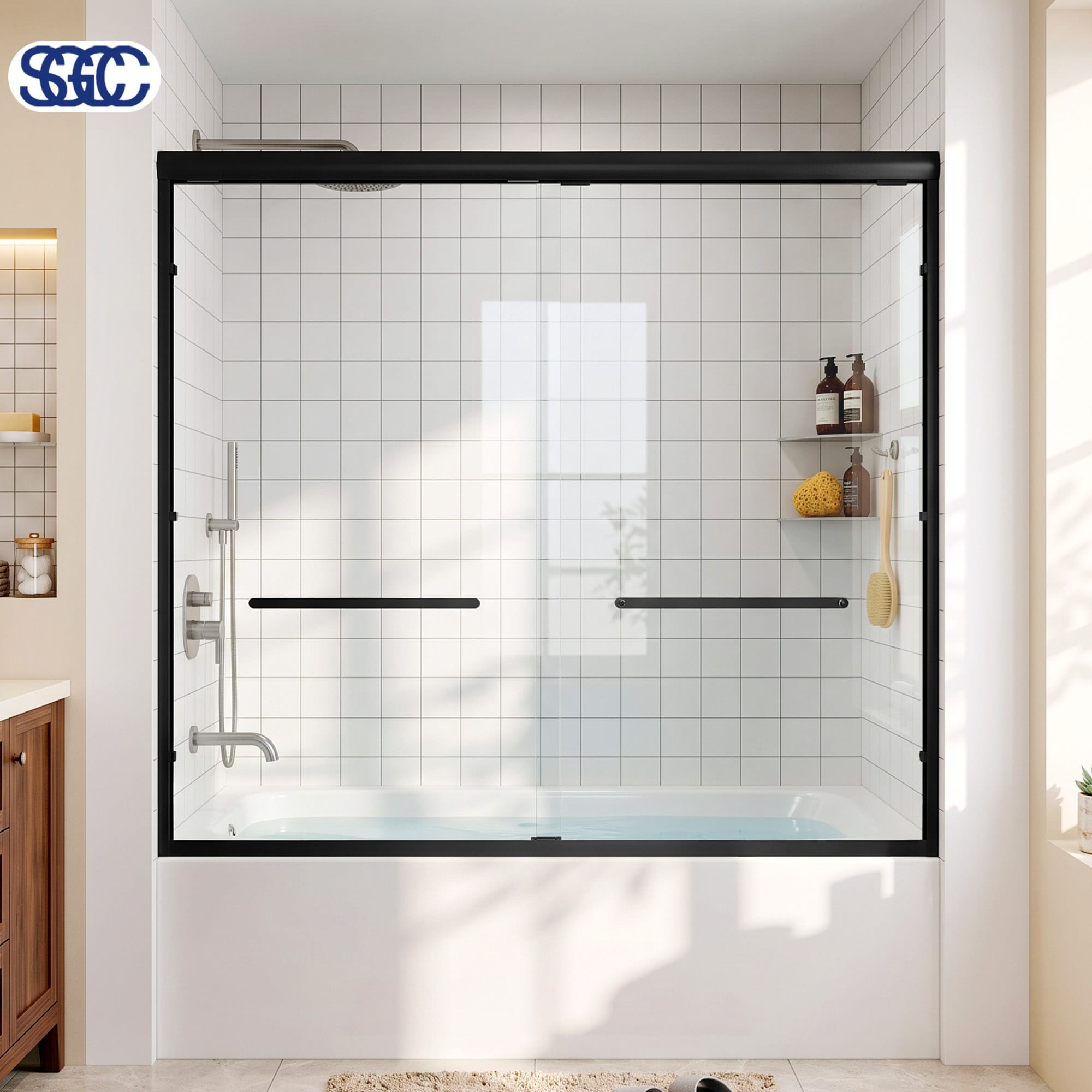 Cuschoice  56-60 in. W x 57 in. H Black Frame Double Sliding Bathtub Shower Door 6mm SGCC ANSI Explosion-Proof Tempered Glass Stainless Steel Handle