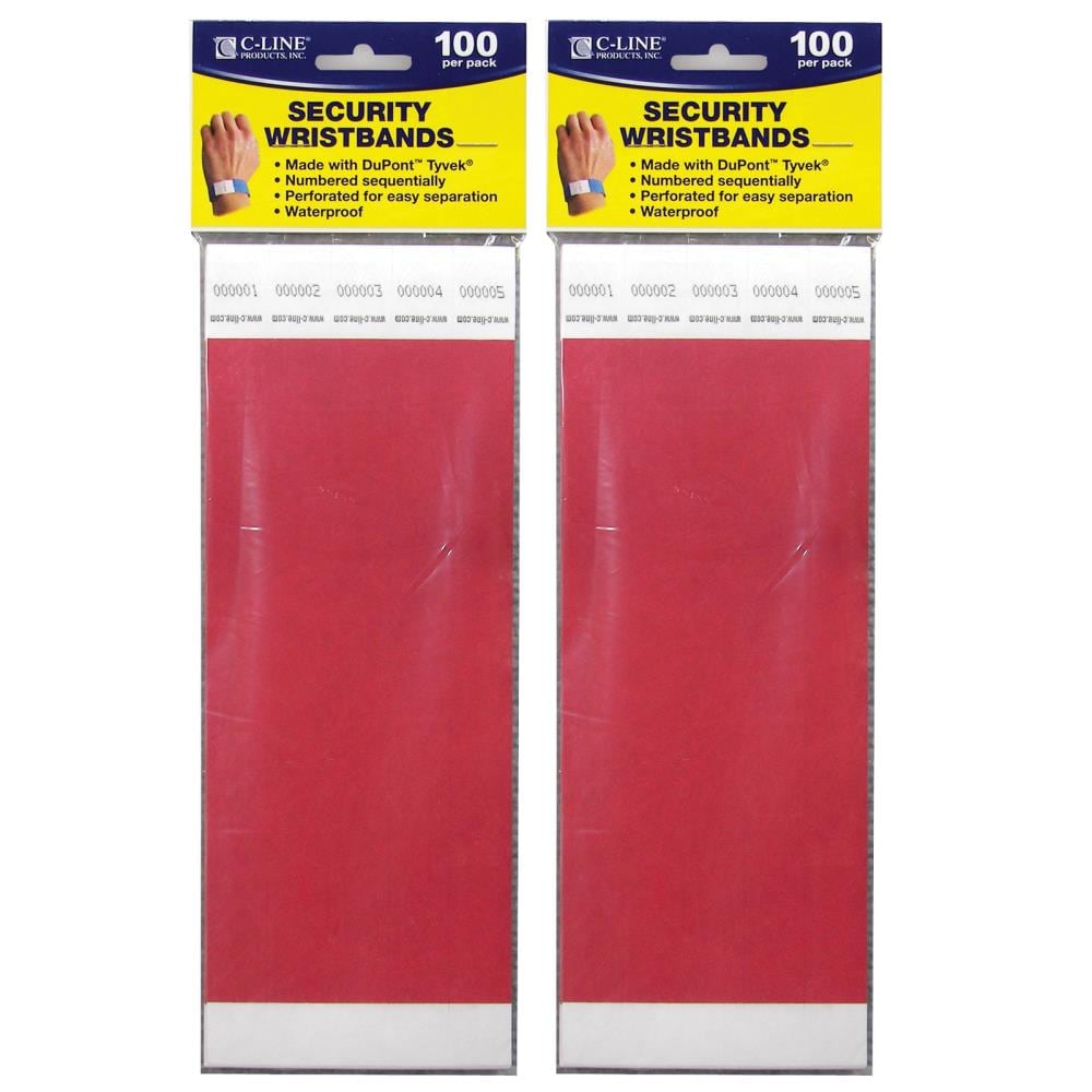 C-Line CLI89104-2 DuPont Tyvek Security Wristbands, Red, 100 Per Pack, 2 Packs