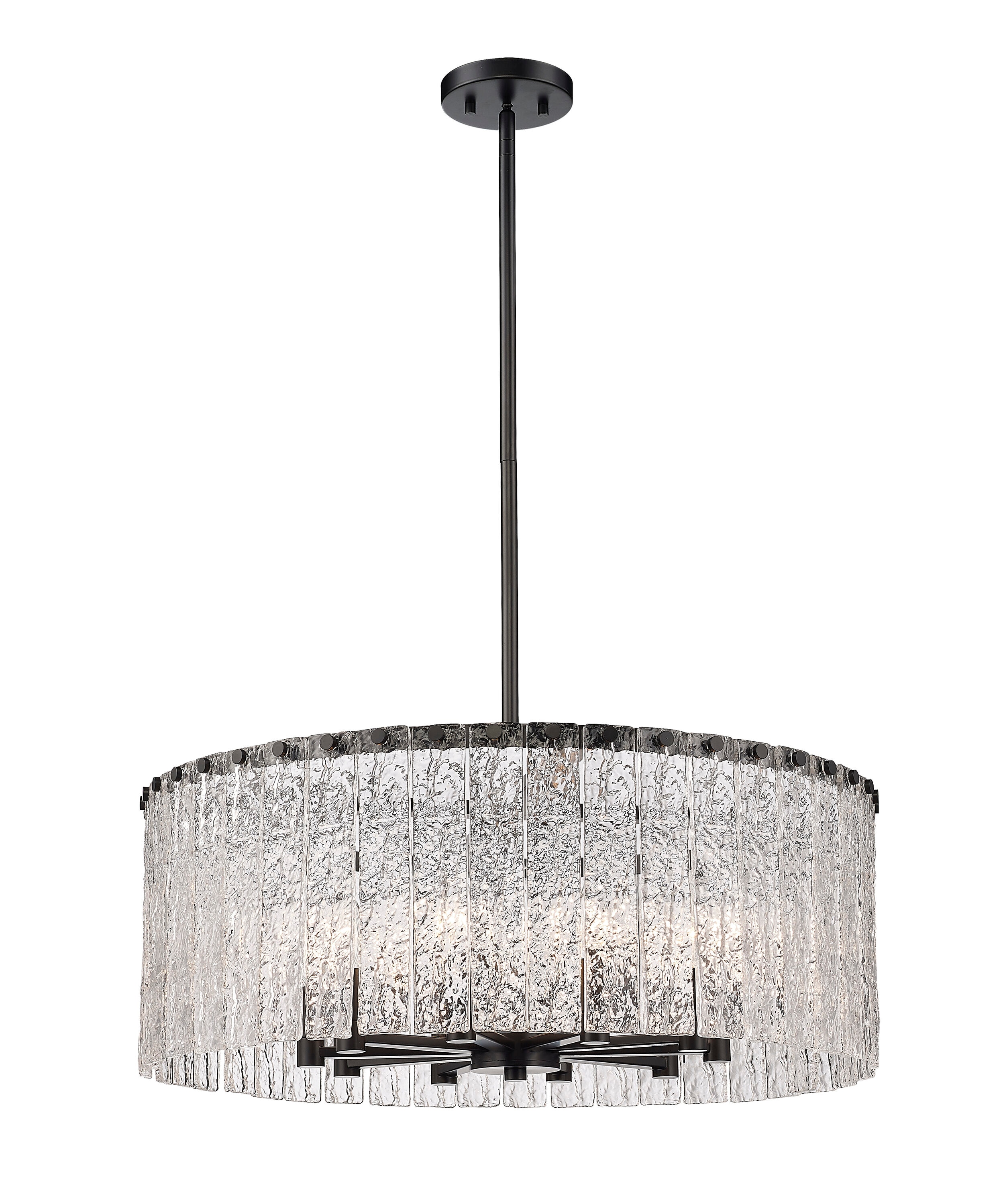 Glacier Matte Black 10-Light Drum Pendant with Textured Glass Panels