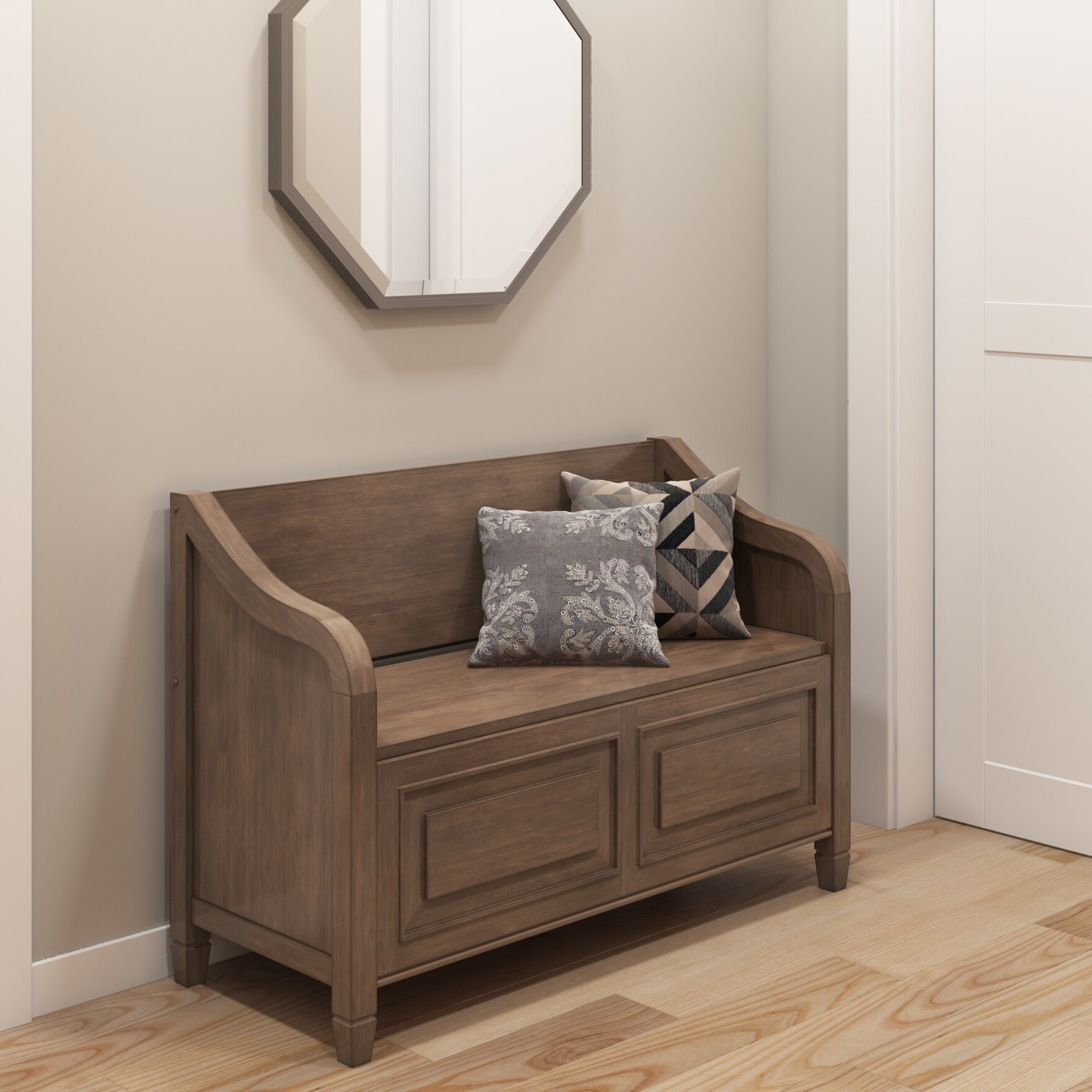 Rustic Natural Aged Brown Pine Storage Bench with Cut Out Design