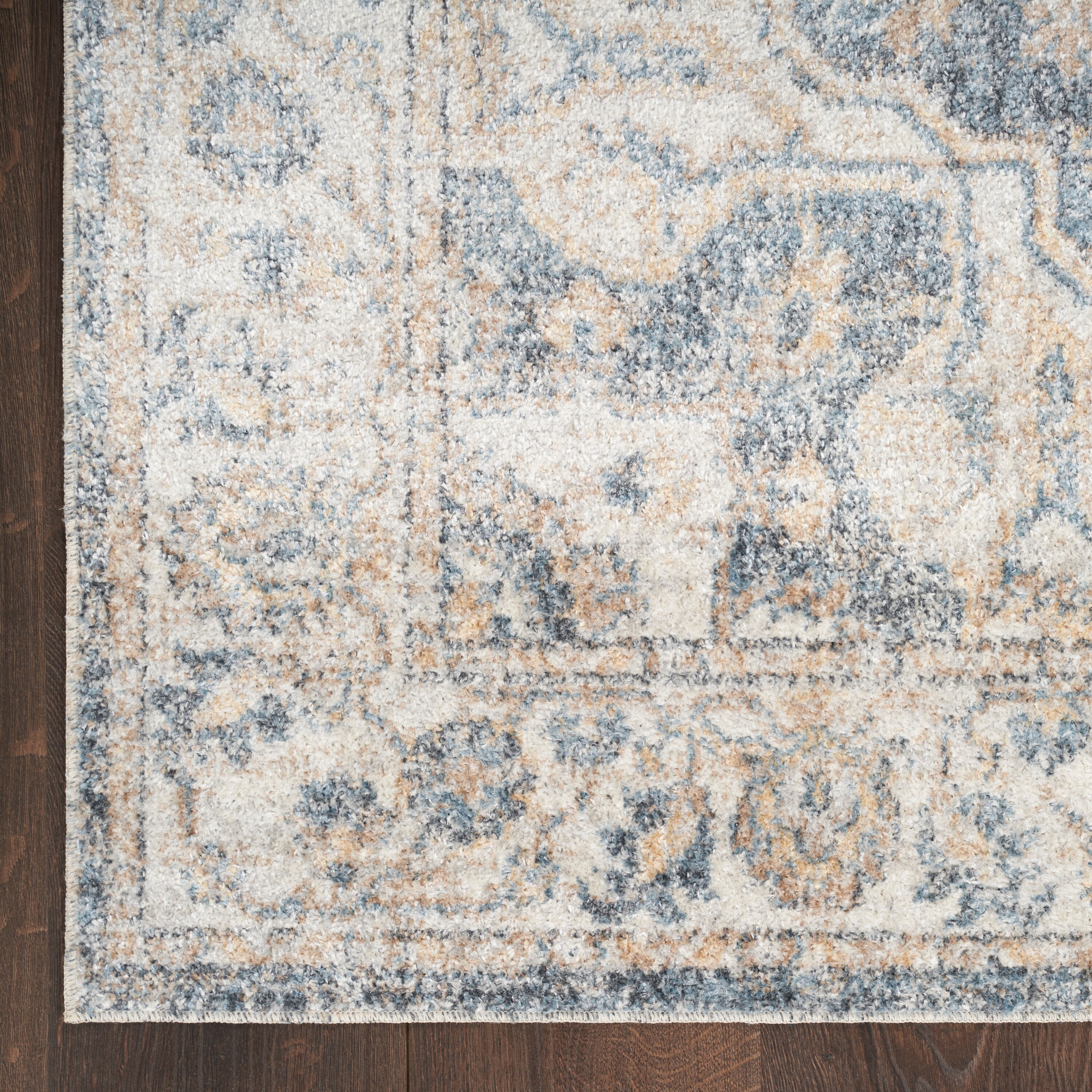 Grey Blue Floral Synthetic 9' x 12' Washable Area Rug