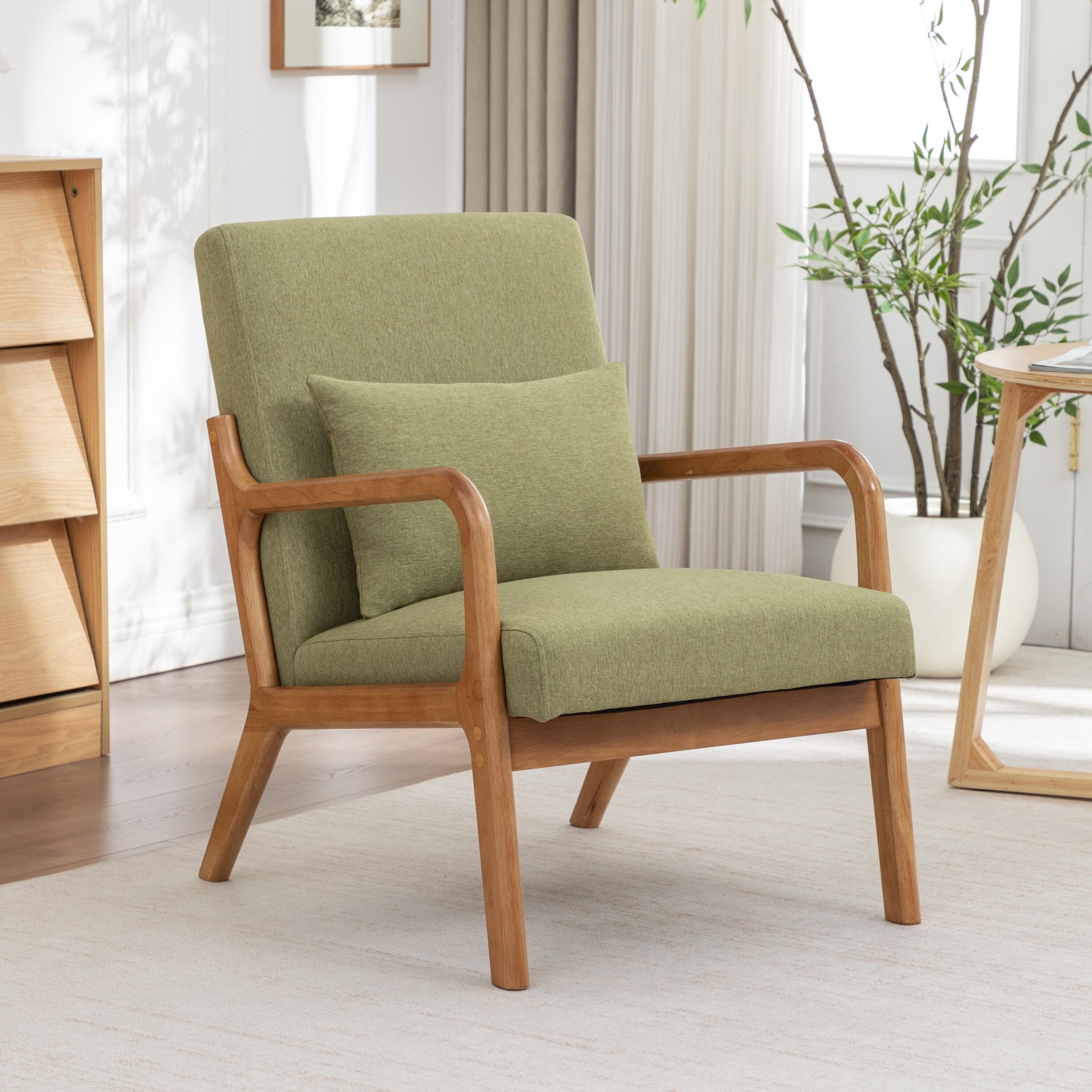  Mid-Century Modern Linen Accent Chair with Solid Wood Frame.