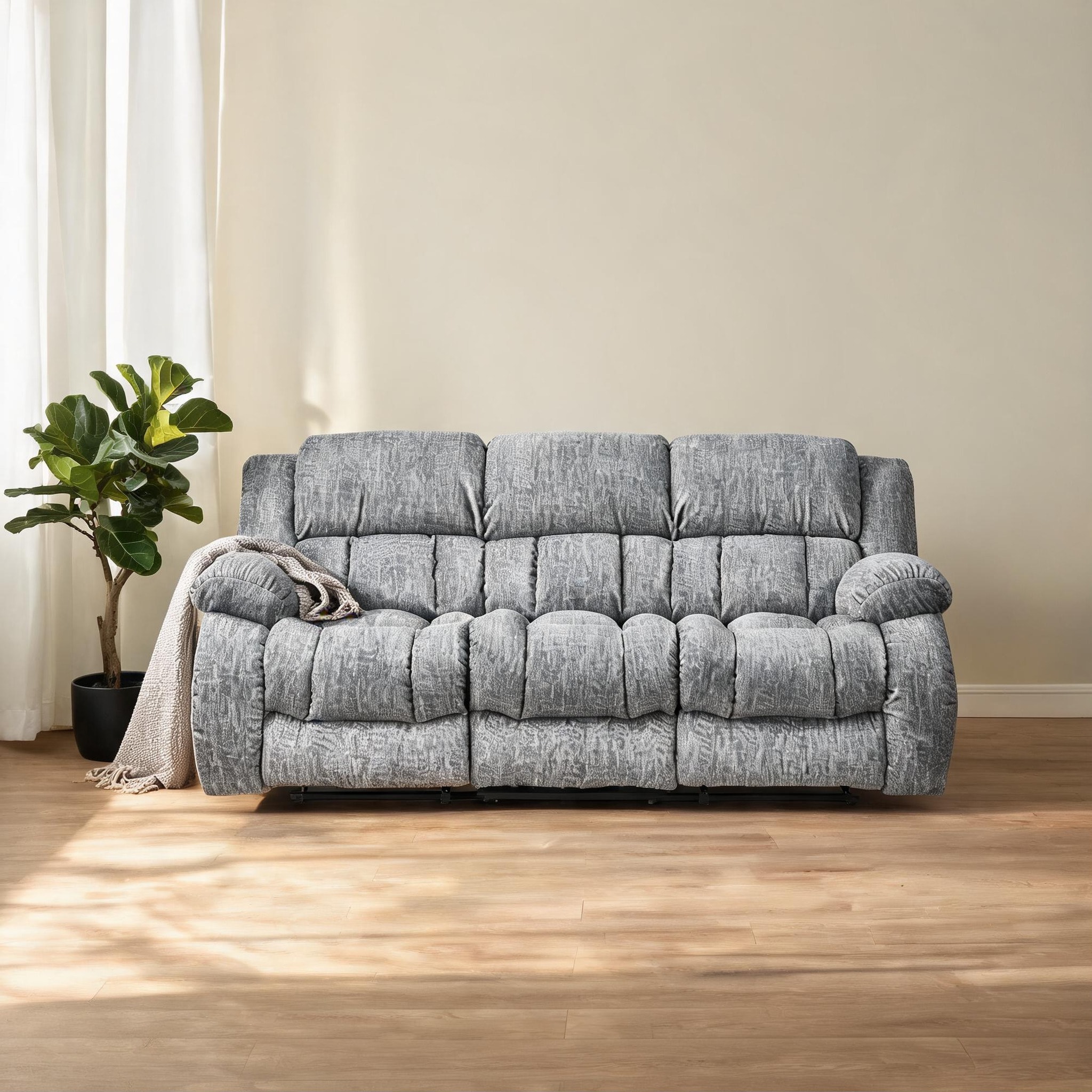 SUNCREAT - 88-Inch Manual Reclining Sofa with Oversized Padded Arms and Slate Gray Polyester Upho...