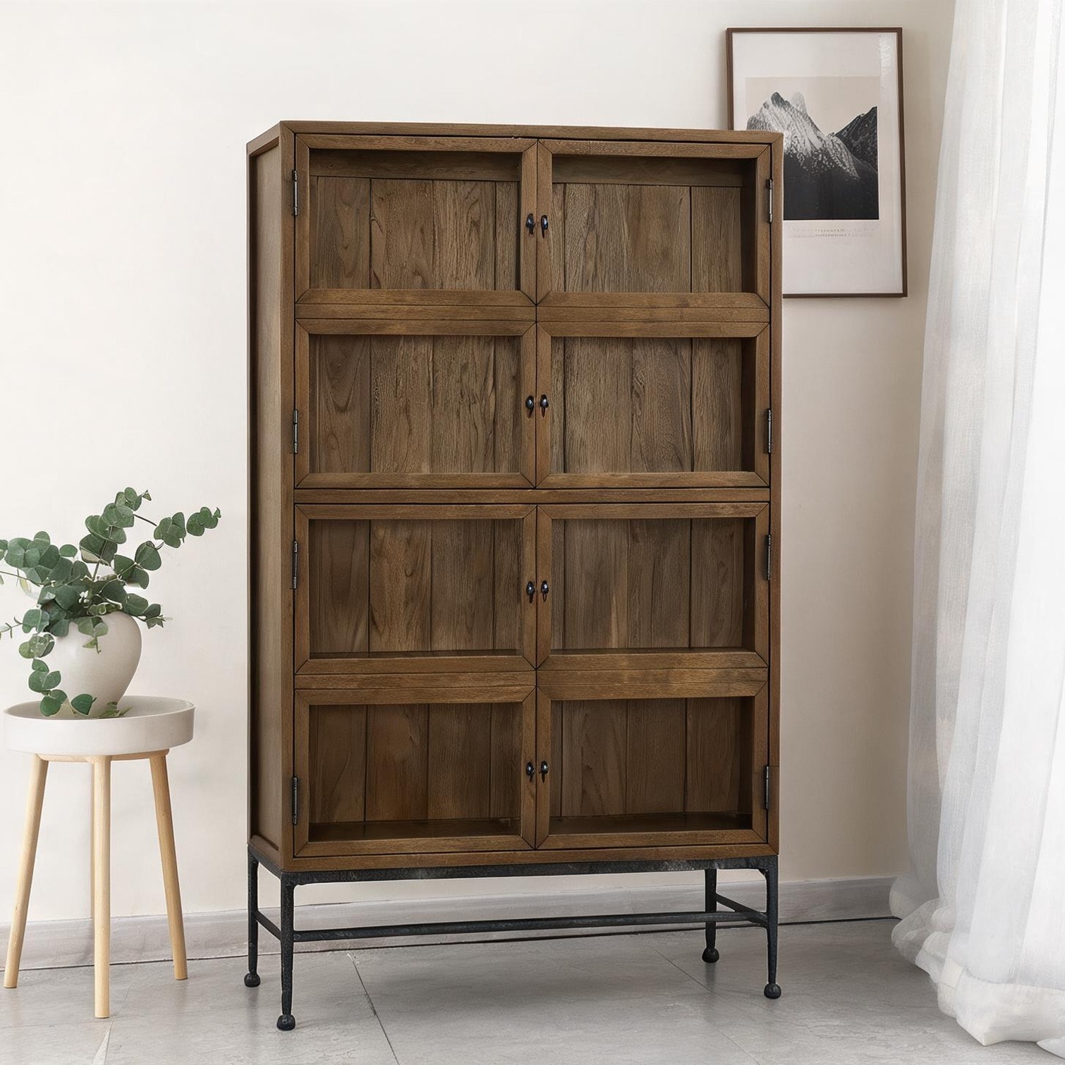 FlowLuxe Freestanding Glass-Door Bookcase with Metal Base in Warm Brown Wood Finish for Living Room Display and Storage 42 Inches Wide