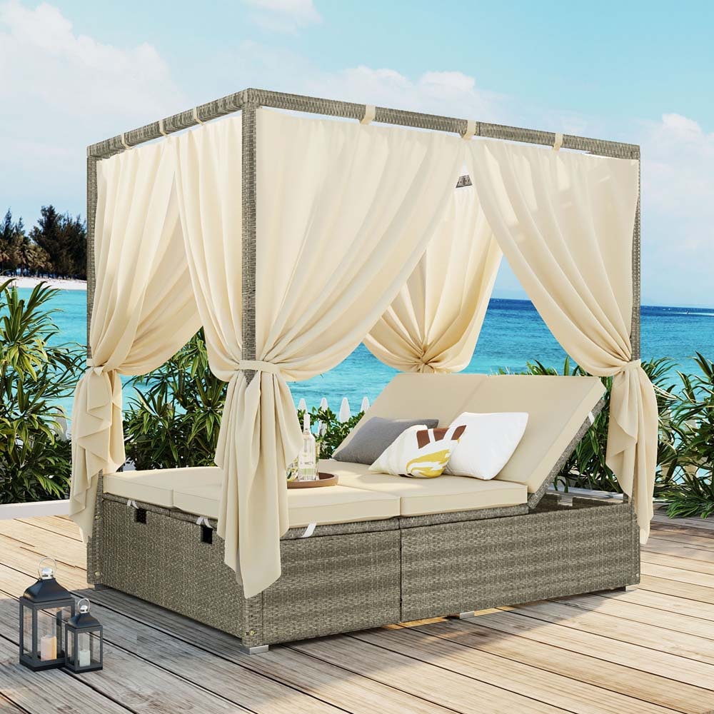 ModernLuxe L-WY000312AAA Adjustable Sun Bed With Curtain,High Comfort Rattan Outdoor Daybed with Beige Cushions and Steel Frame