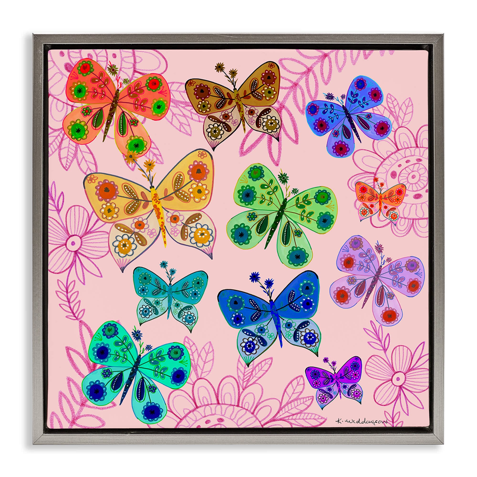 Stupell Industries BS-595-FFL-17X17 Bright Patterned Butterflies Gray Framed Floater Canvas Wall Art By Kay Widdowson 18 x 18