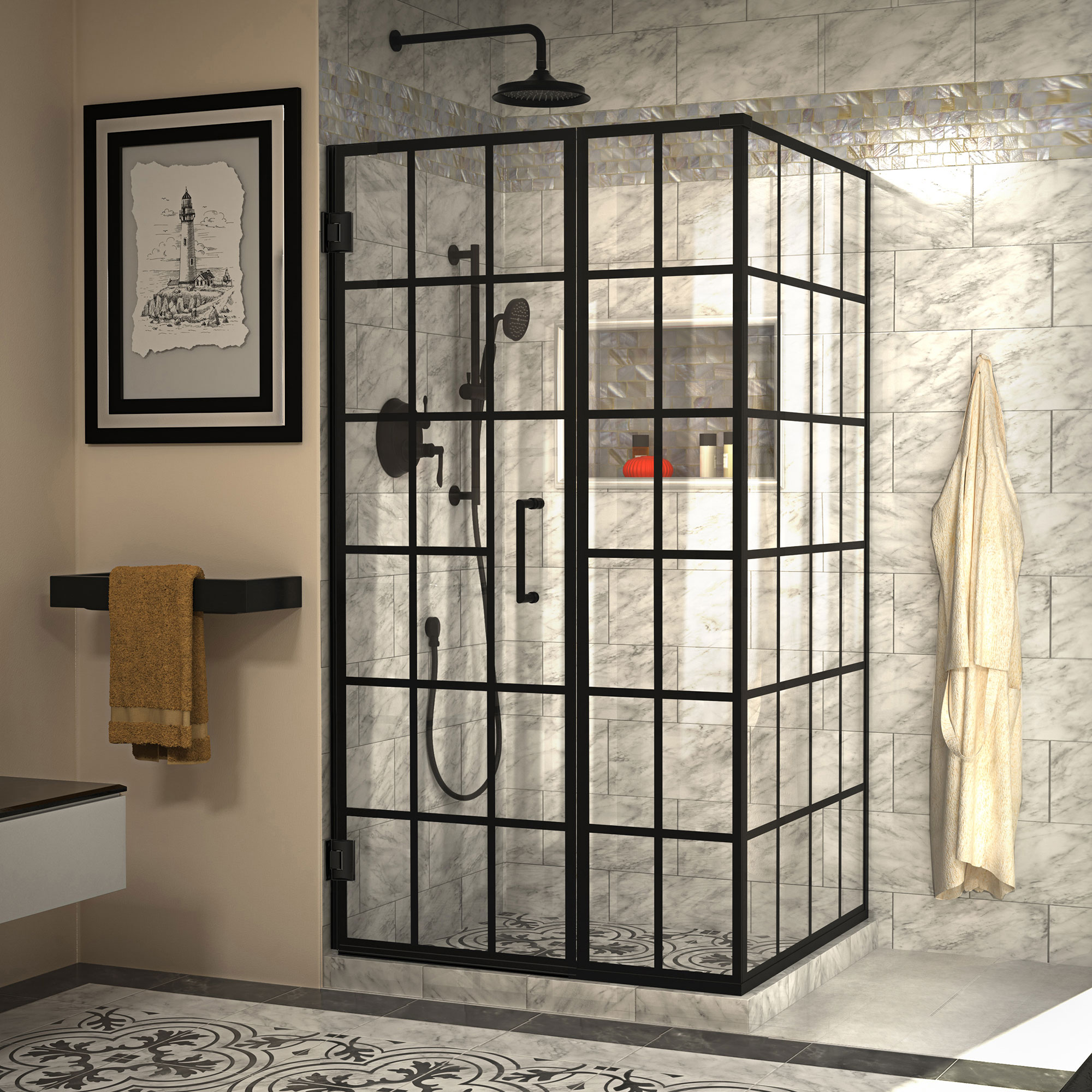 Toulon Black Frameless Hinged Shower Enclosure with Clear Glass