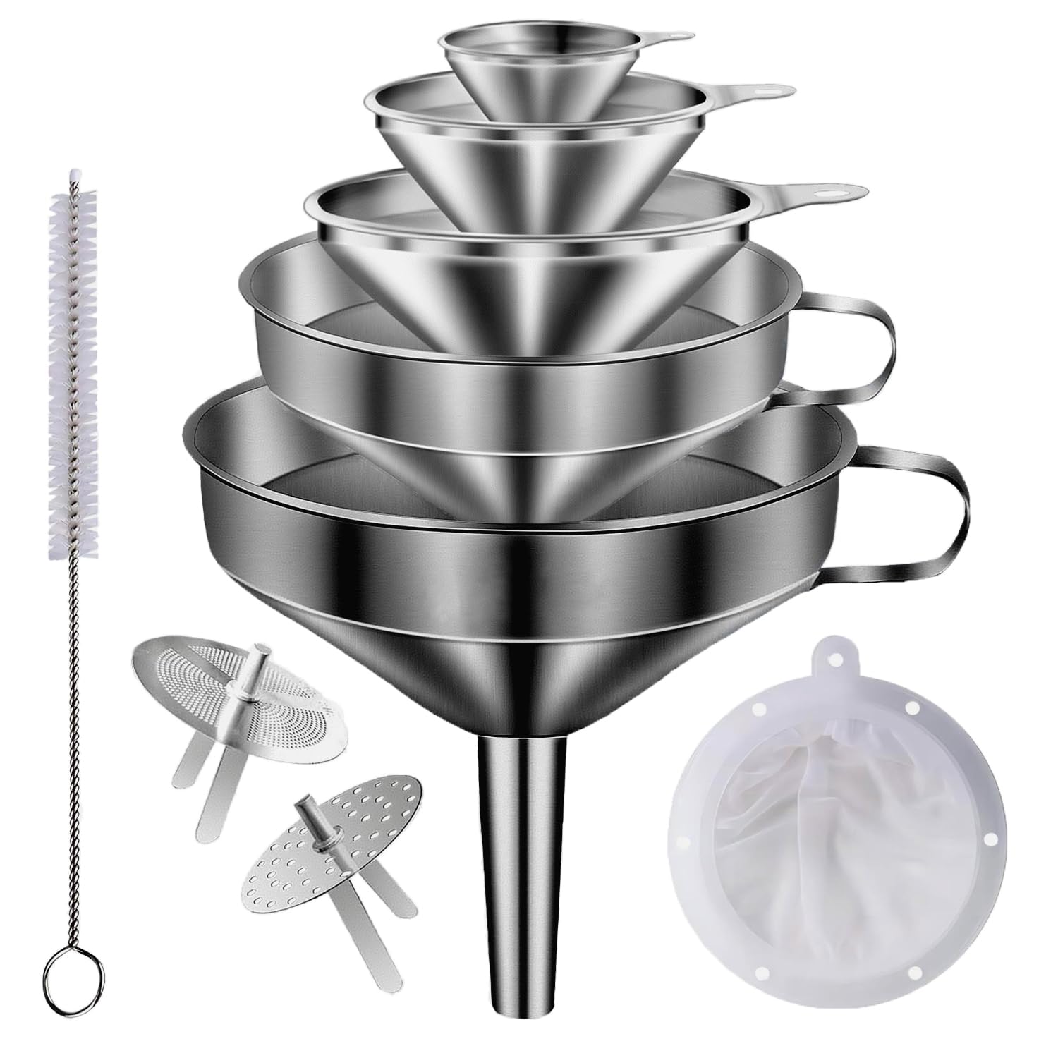 Etokfoks  5 Piece Stainless Steel Kitchen Funnel Set with 2 Removable Strainers for Liquids Oils Jam and Dry Goods