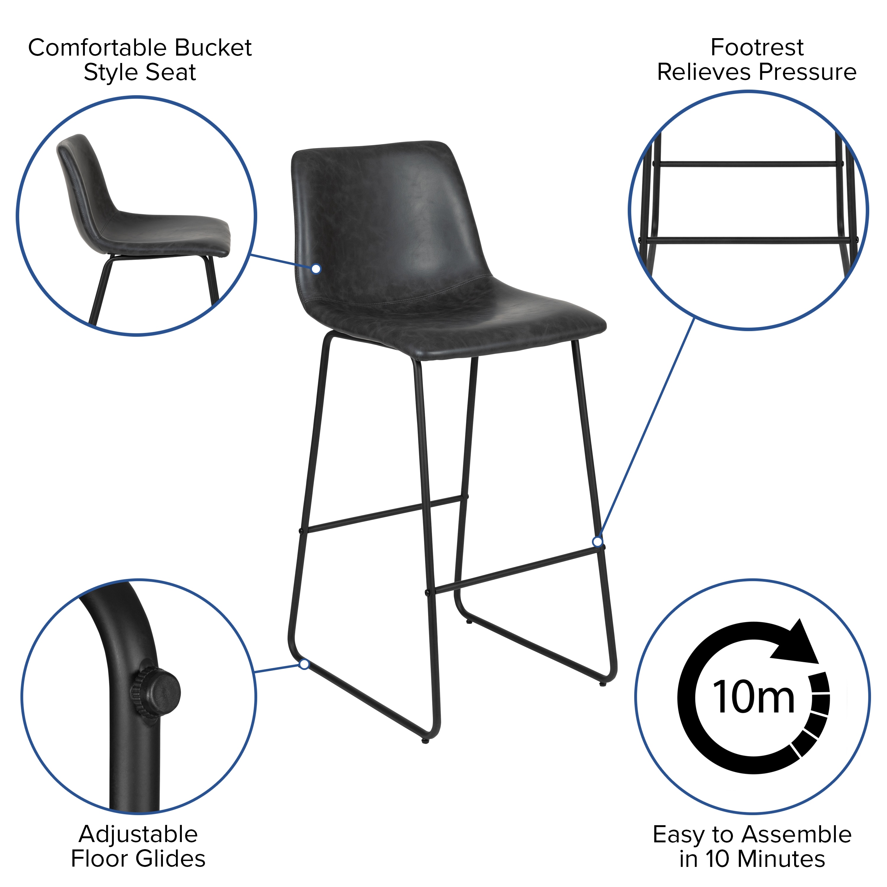 Reagan 30" Gray LeatherSoft & Metal Bar Height Stools, Set of 2