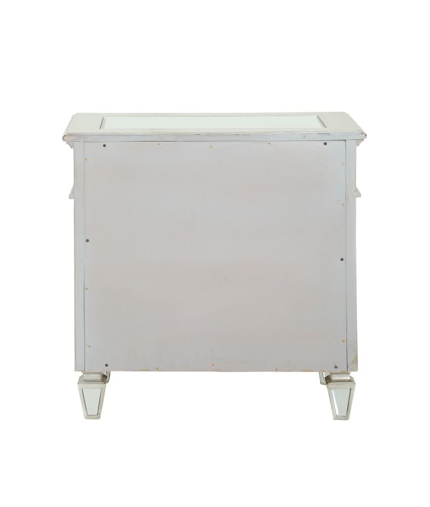 Elegant Silver Mirrored 2-Drawer Nightstand with Geometric Trim