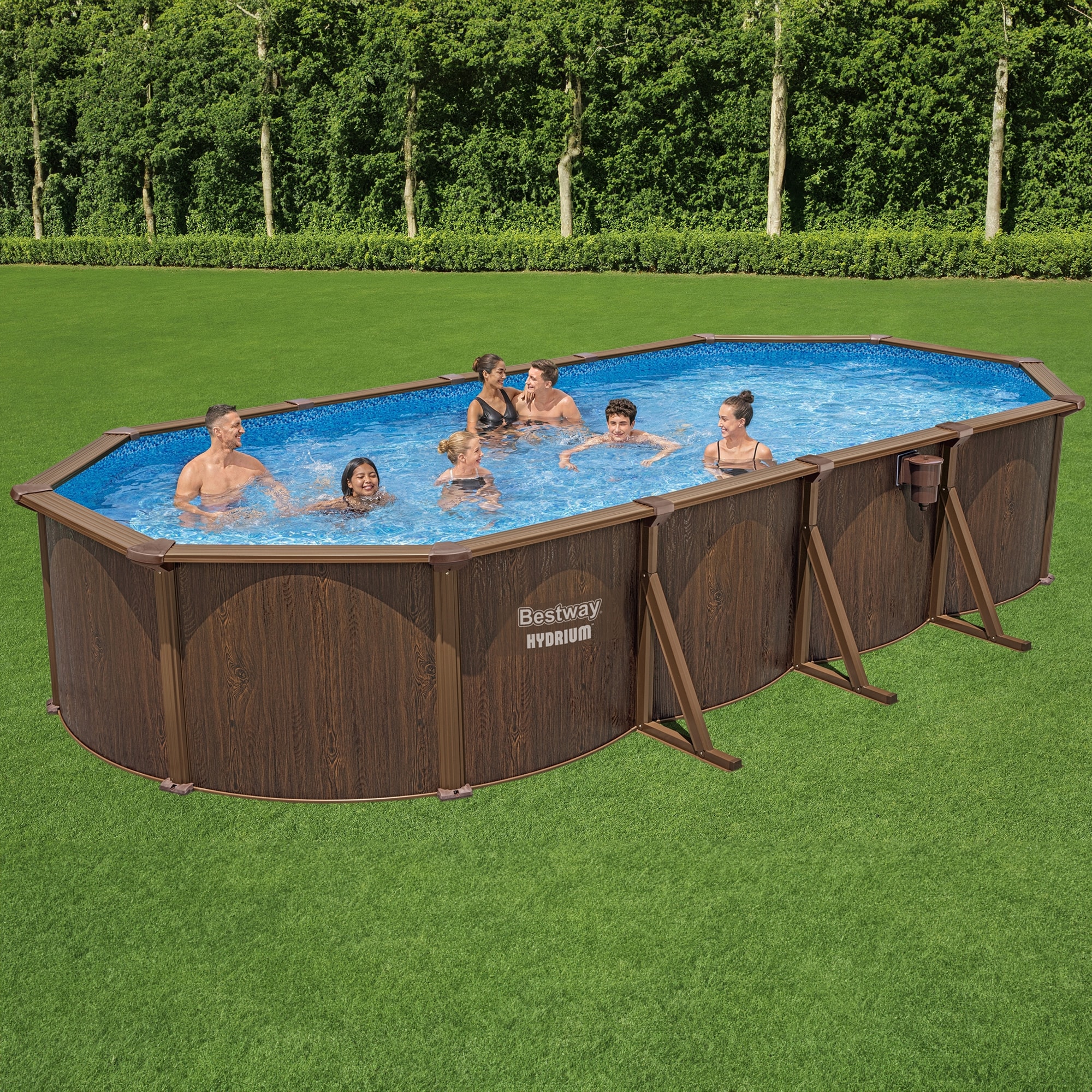 Bestway 24' x 12' x 52" Brown Woodgrain Steel Frame Oval Pool Set