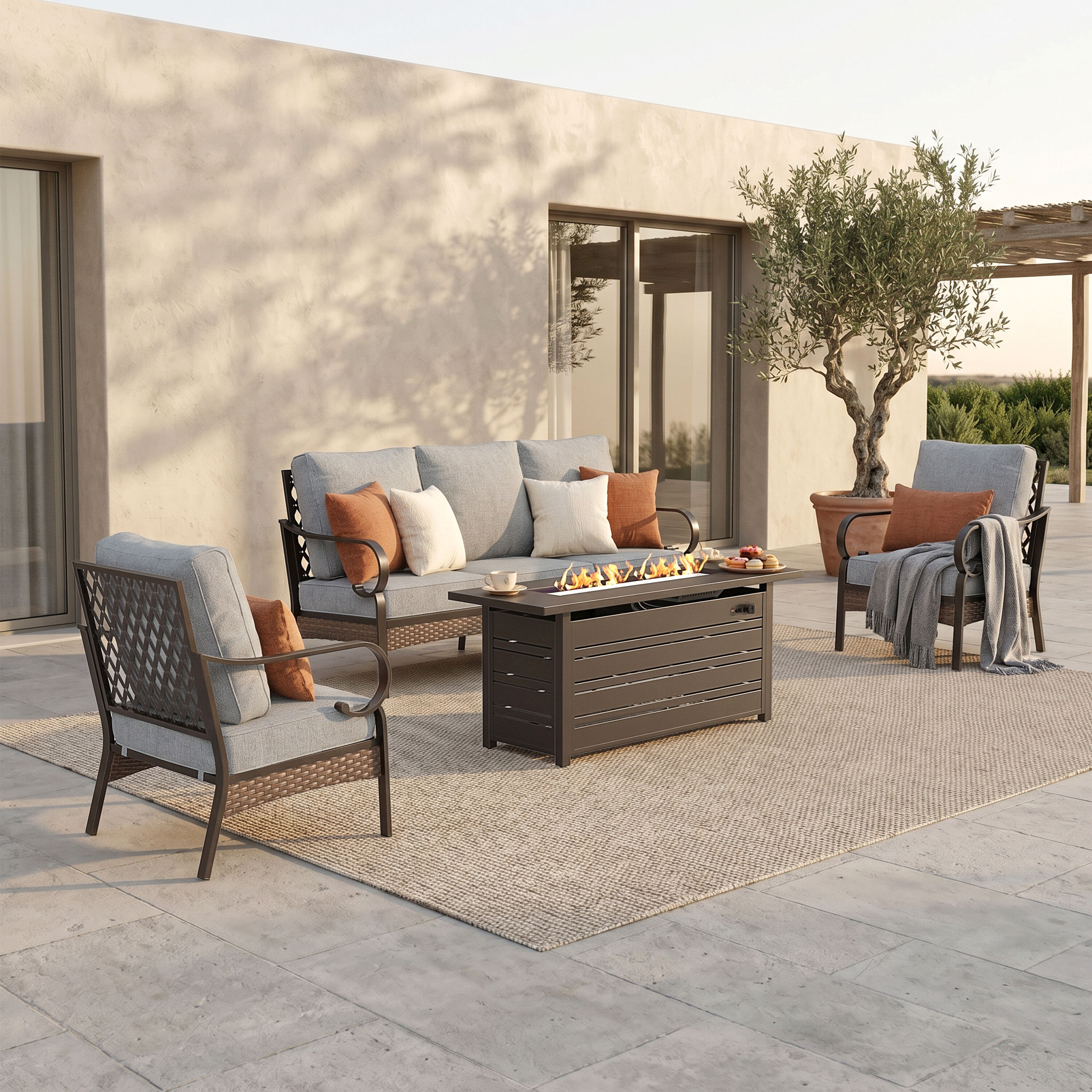 Sunshine Valley - 4 -Piece Wicker Patio Conversation Set with Gray CUSHION PRO Cushions Included