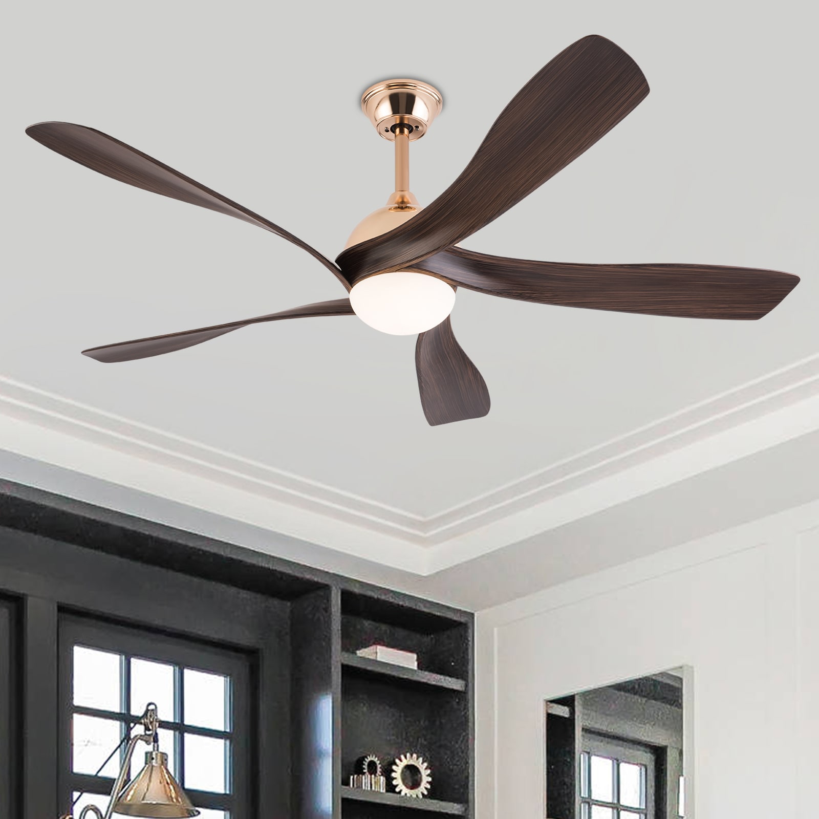 Oukaning JZUCOD-01120099 52-in Color-Changing Gold and Walnut color with ABS Blades Fandelier Ceiling Fan With Light and Remote ( 5 -Blade )